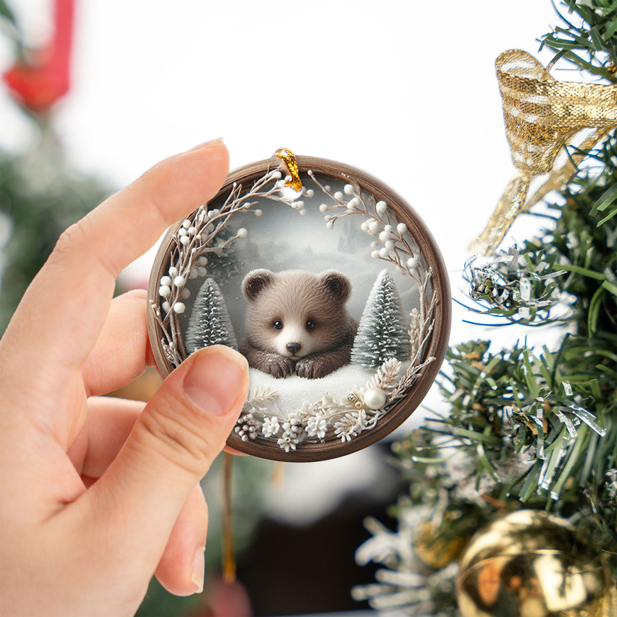 Baby Bear Christmas Ornament 2026, Cute Woodland Bear Ornament, Winter Forest Christmas Tree Decor