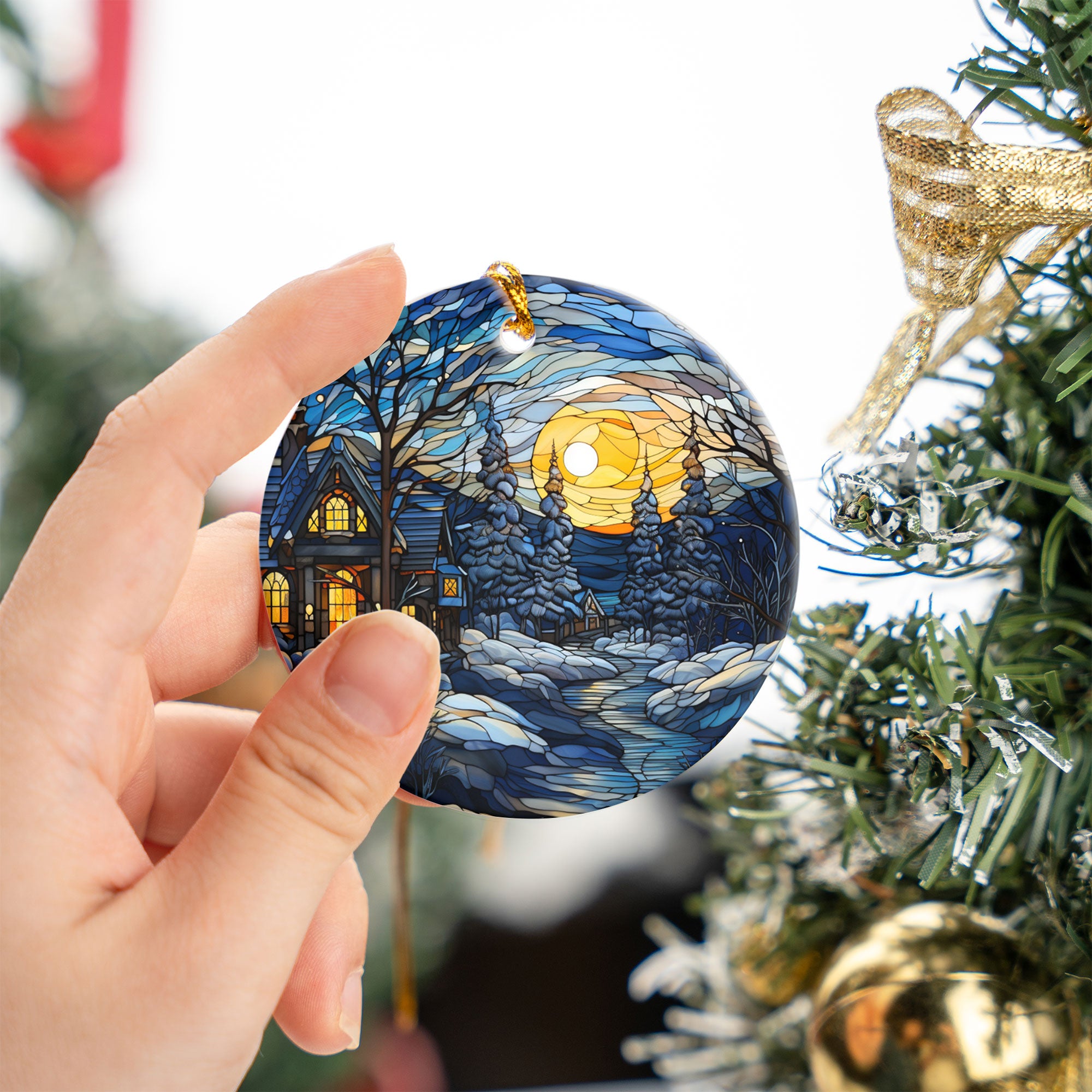 Stained Glass Style Christmas Night Ornament, Holiday Gift, Ceramic Round Ornament, Dated Ornament, Festive Holiday Decorations