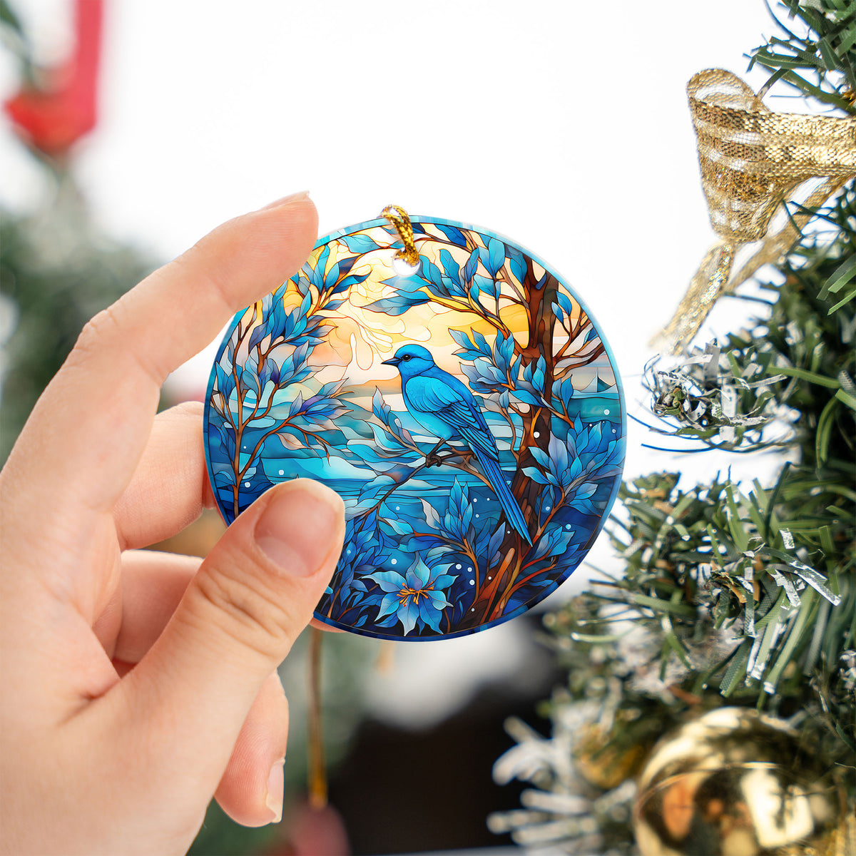 Blue Bird Christmas Ornament 2026, Stained Glass Style Bird Ornament, Winter Bird Tree Decor, Nature Lover Gift, Blue Songbird Keepsake, Holiday Ornament