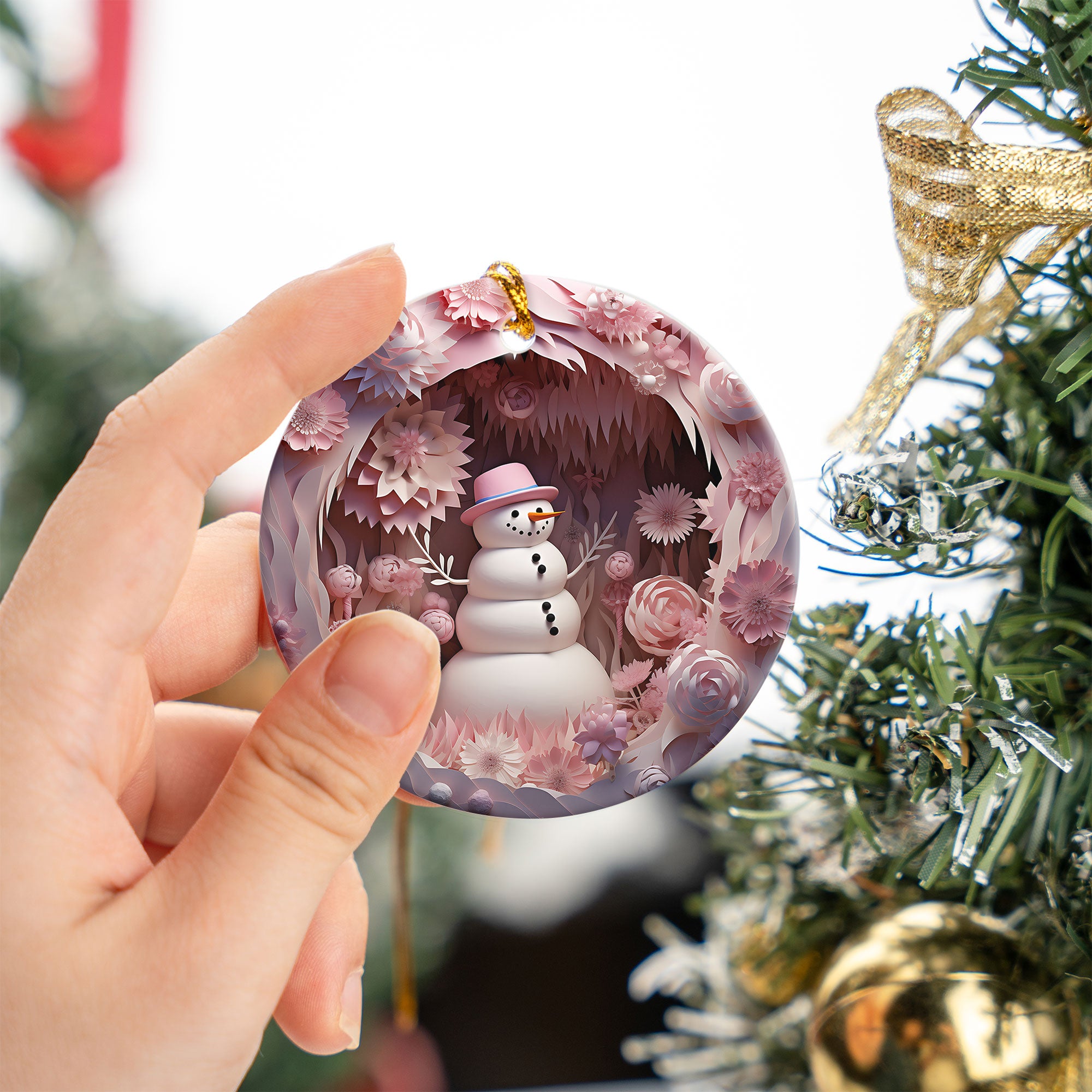 Pink Christmas Snowman Ornament, Winter Forest Holiday Decor, Rustic Tree Keepsake Ornament, Festive Winter Decoration, Christmas Keepsake Gift