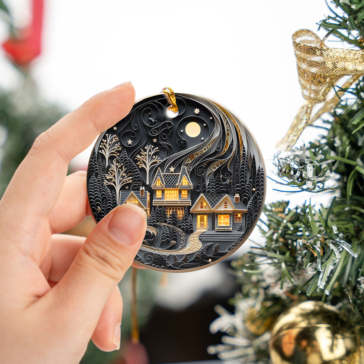 Moonlit Christmas Cottage Ornament 2026, Cozy Winter Village Tree Decoration, Layered Keepsake, Holiday Decoration