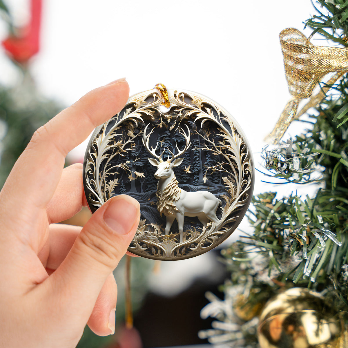 Fantasy Deer Ornament 2026, Woodland Christmas Ceramic Ornament, Elegant Stag Holiday Tree Decoration, Keepsake Gift for Christmas