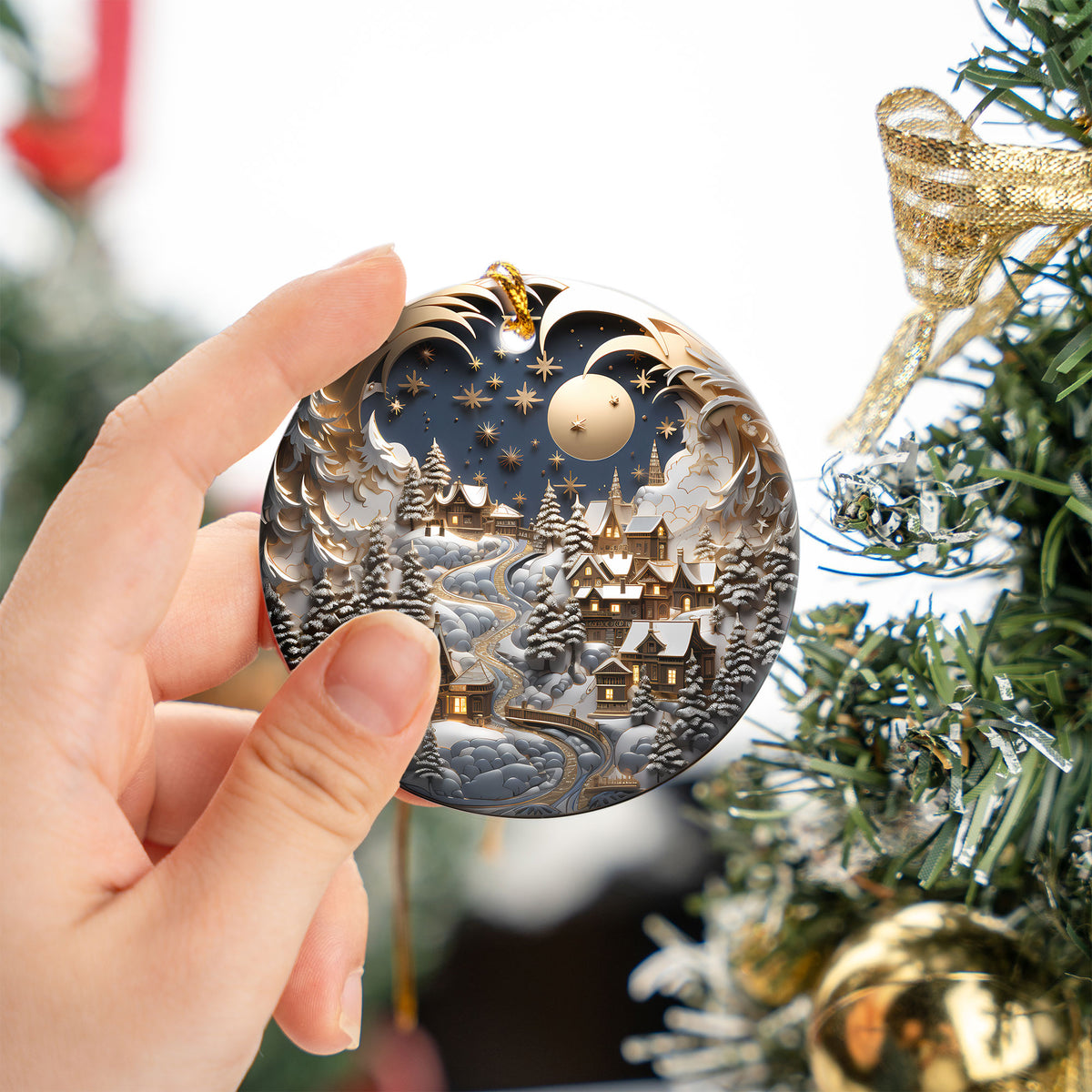 Christmas Night Ornament 2026, Moonlit Winter Village Ceramic Ornament, Holiday Tree Decoration