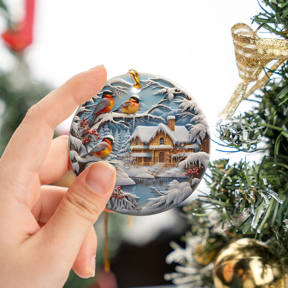 Winter Birds Christmas Ornament 2026, Snowy Cardinal Bird Cottage Ceramic Ornament, Rustic Cabin Holiday Tree Decor