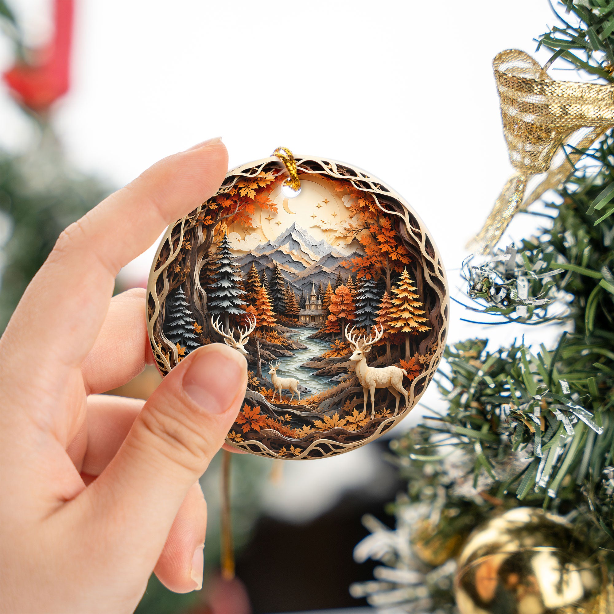 Christmas Deer Ornament 2026, Woodland Forest Christmas Tree Decor, Rustic Holiday Ornament, Winter Cabin Scene