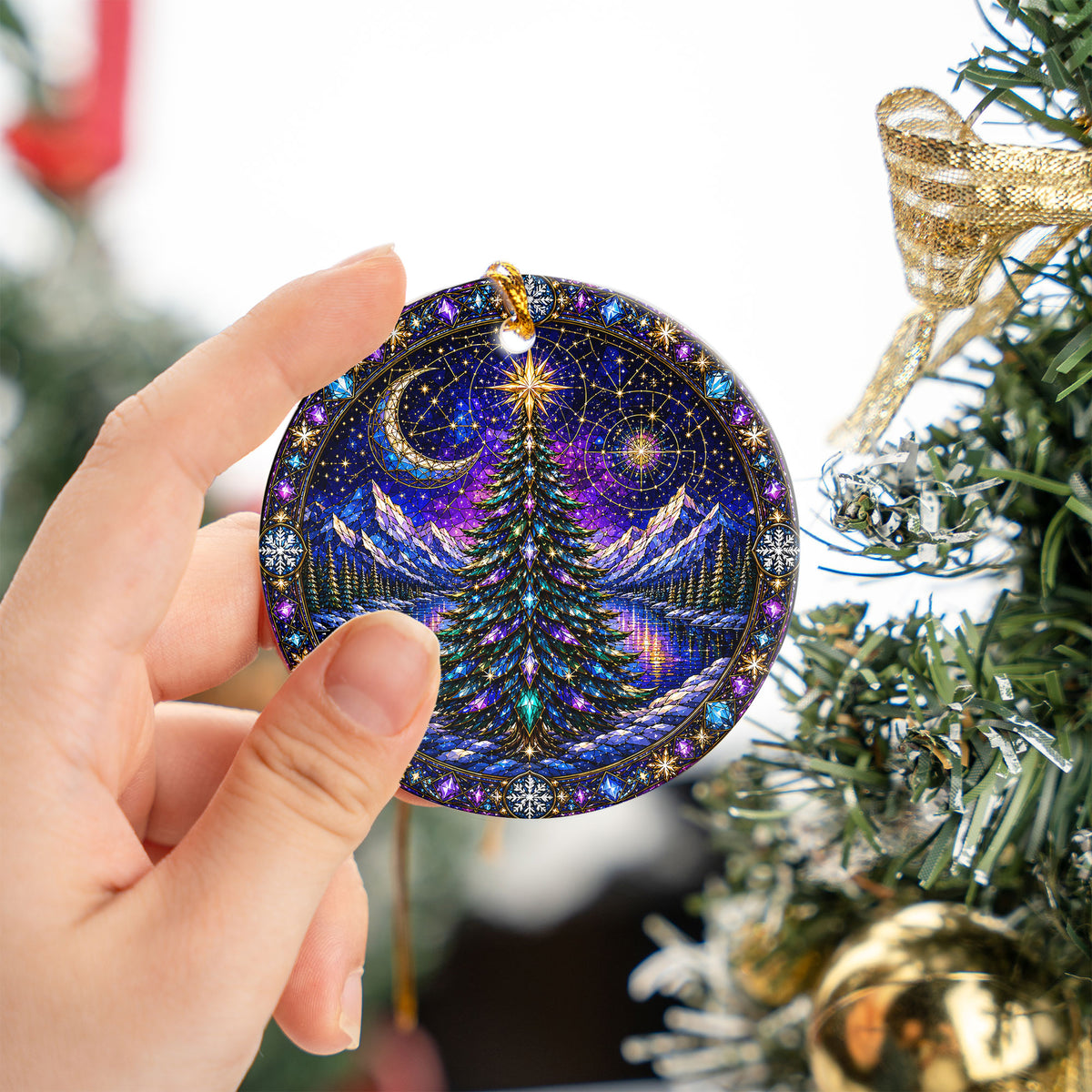 Winter Christmas Tree Ornament 2026, Aurora Sky Christmas Decor, Holiday Ornament, Snowy Mountain Landscape