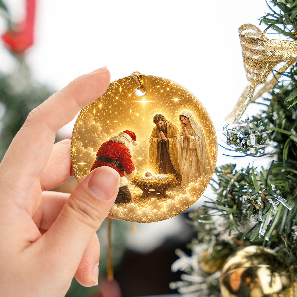 Religious Christmas Ornament 2026 with Santa and Nativity Scene, Baby Jesus Holy Family Christmas Tree Decoration