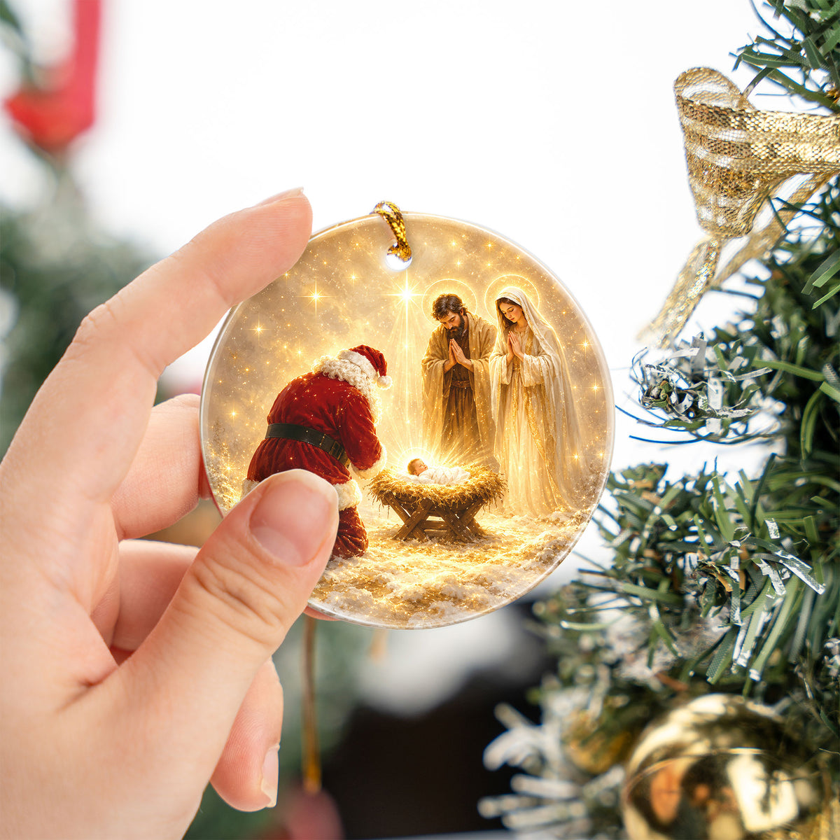 Religious Christmas Ornament 2026 with Santa and Nativity Scene, Baby Jesus Holy Family Christmas Tree Decoration, Christian Gift