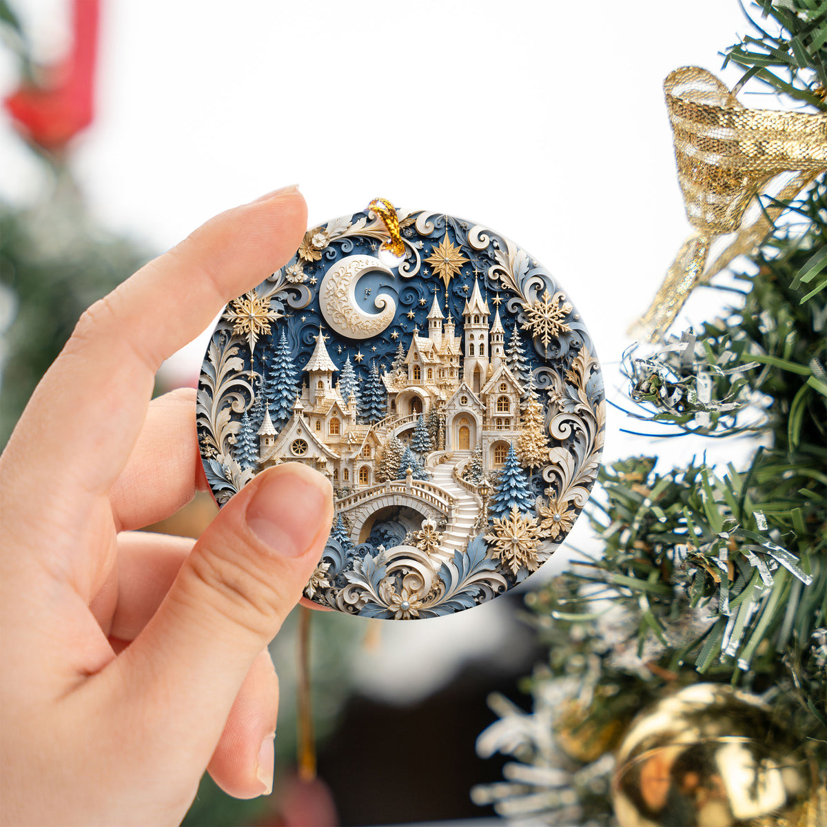 Snowy Christmas Village Ornament 2026, Blue Castle Christmas Tree Decor, Holiday Ornament Keepsake, Winter Christmas Gift for Loved Ones