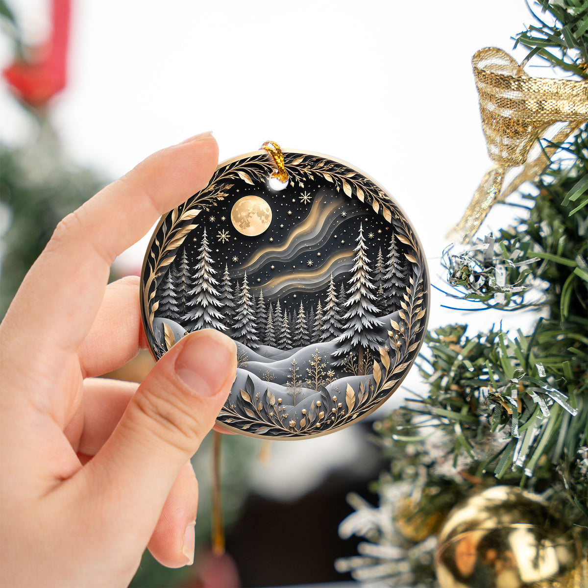 Christmas Tree Ornament 2026, Winter Forest Scence Ornament, Gold Black Christmas Decor, Holiday Keepsake Gift for Family and Friends