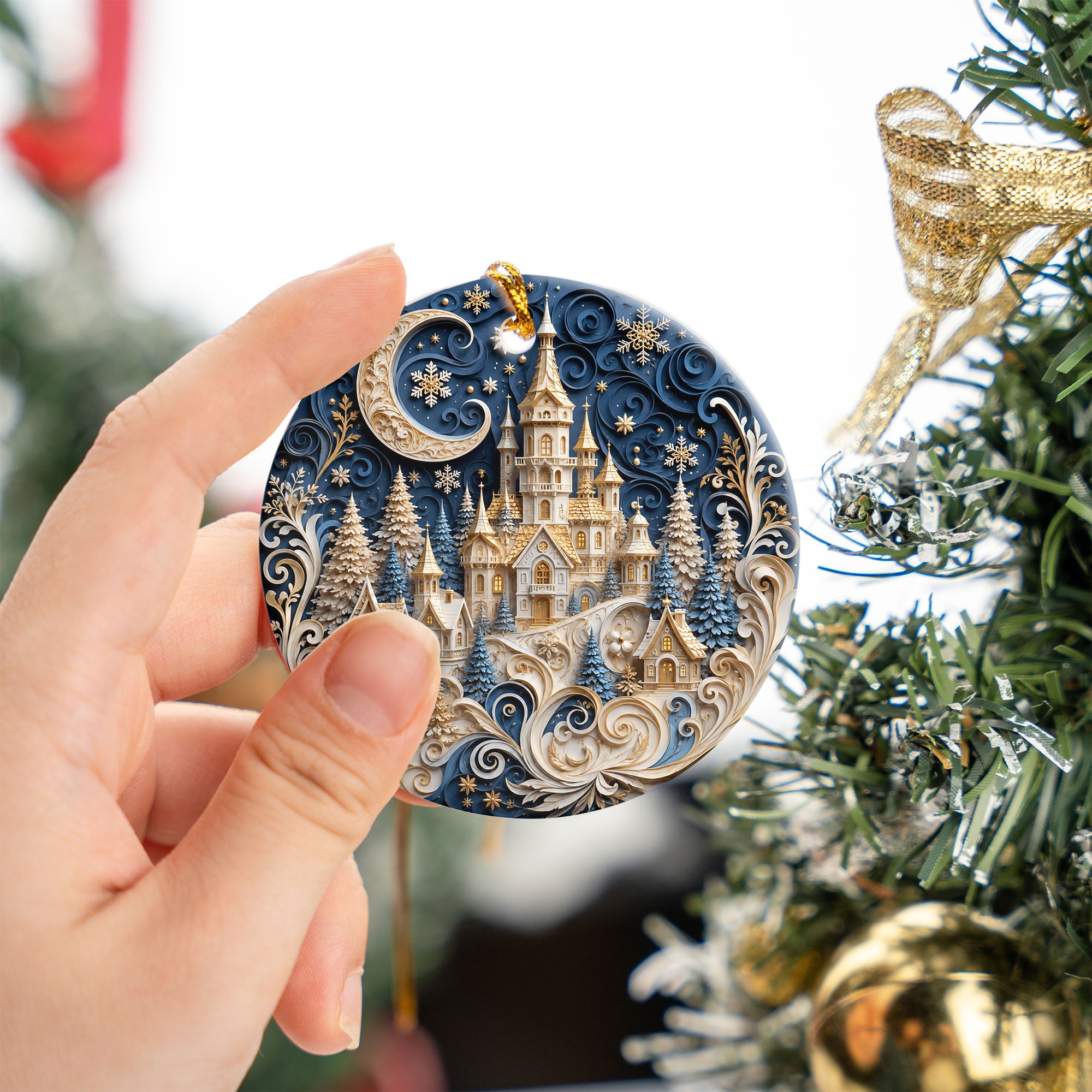 Blue Christmas Castle Ornament 2026, Winter Castle Christmas Ornament, Snowy Village Tree Decor, Holiday Keepsake Gift
