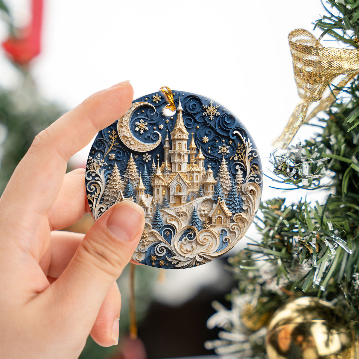 Blue Christmas Castle Ornament 2026, Winter Castle Christmas Ornament, Snowy Village Tree Decor, Holiday Keepsake Gift