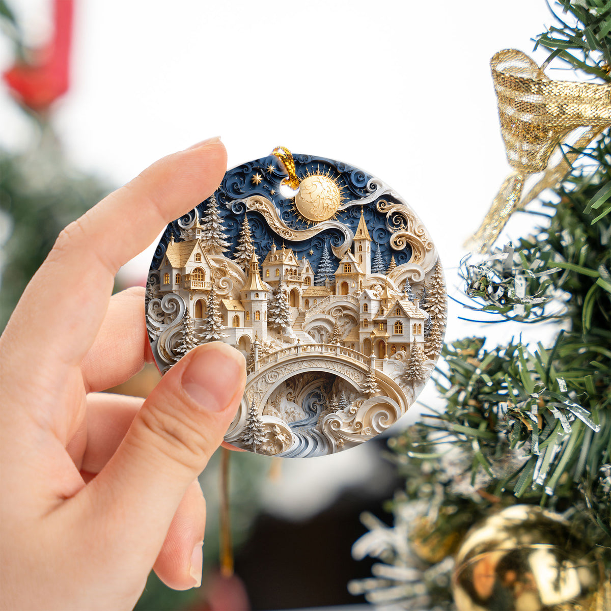 Winter Castle Christmas Ornament 2026, Blue and White Christmas Tree Ornament, Snowy Holiday Village Decor, Festive Keepsake Gift for Family