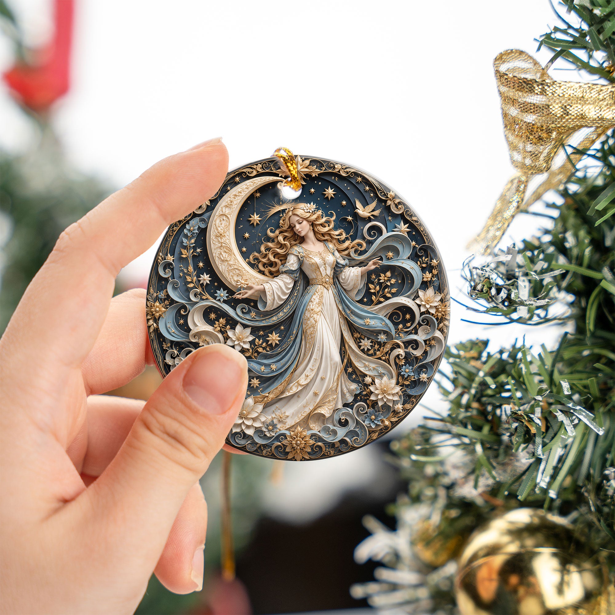 Elegant Christmas Ornament 2026, Angel with Moon and Stars Ornament, Holiday Tree Decoration