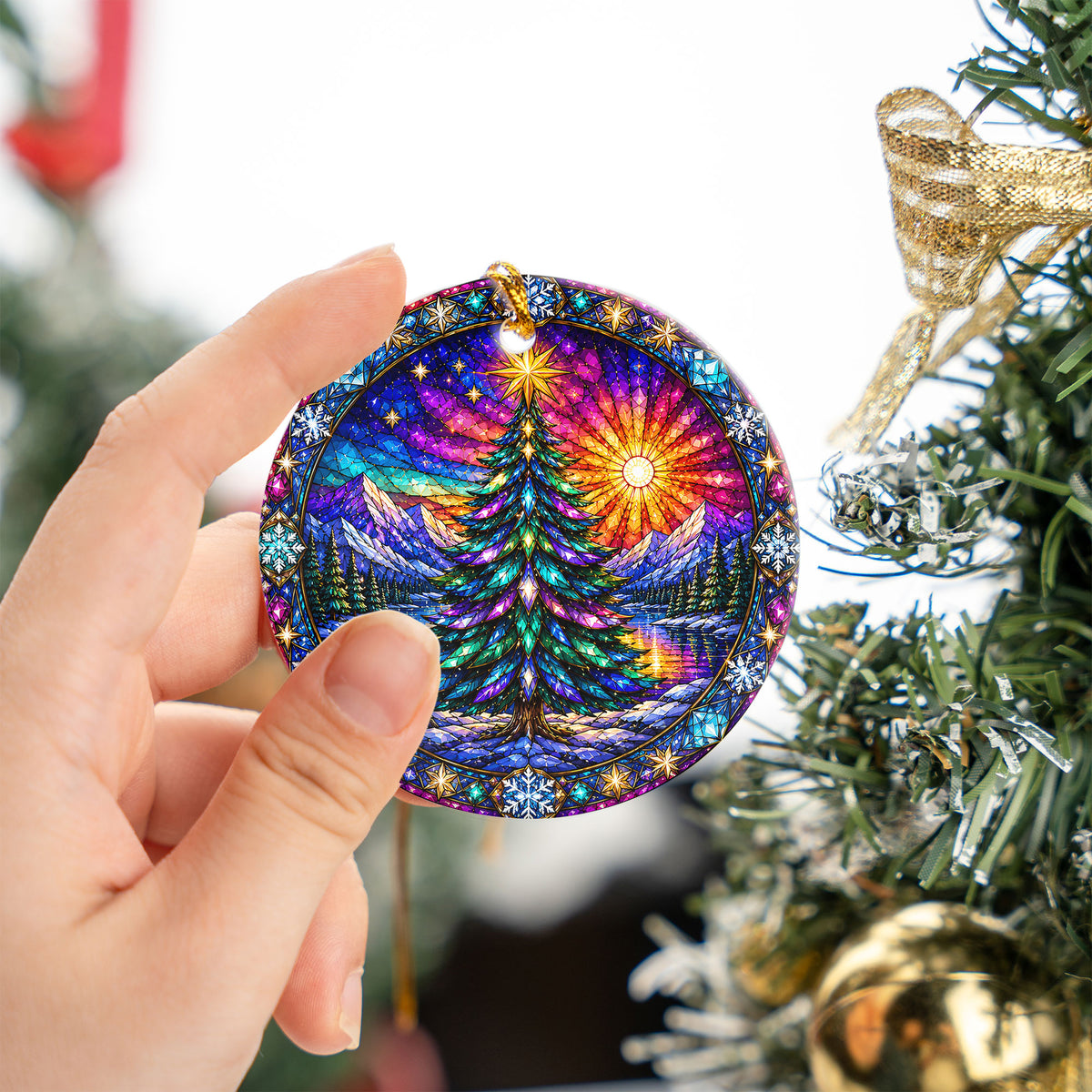 Colorful Stained Glass Christmas Tree Ornament 2026, Winter Mountain Lake Suncatcher Style, Holiday Decor