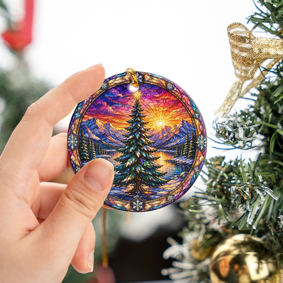 Colorful Christmas Tree Ornament 2026, Stained Glass Style Holiday Ornament, Winter Landscape Decor