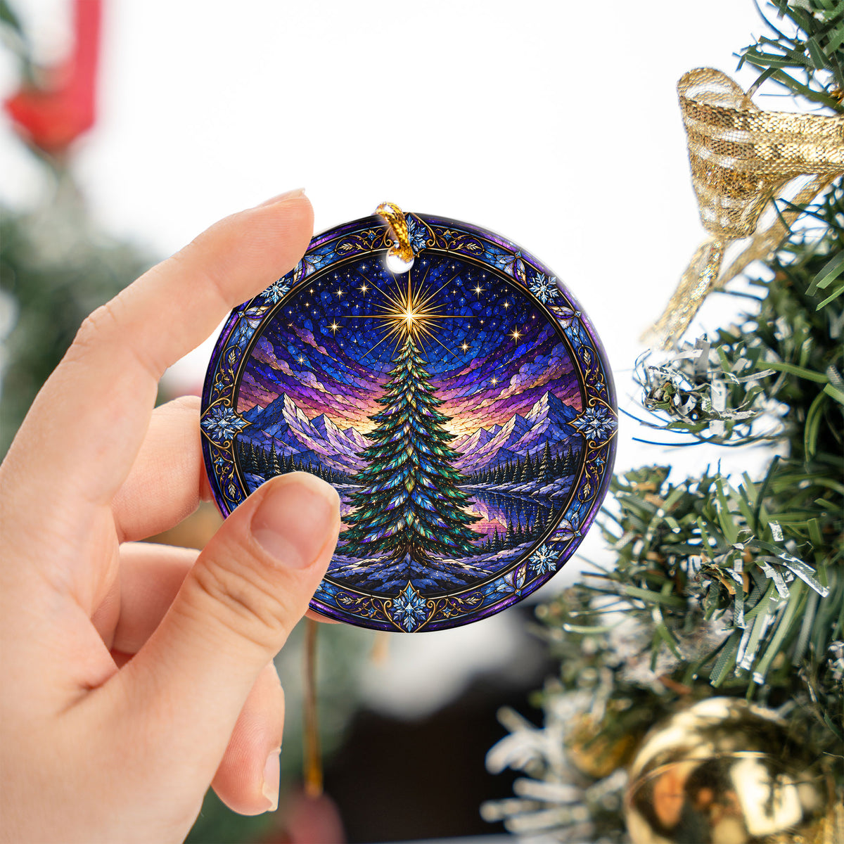 Christmas Tree Suncatcher Style Ornament 2026, Colorful Winter Mountain Scene Decoration