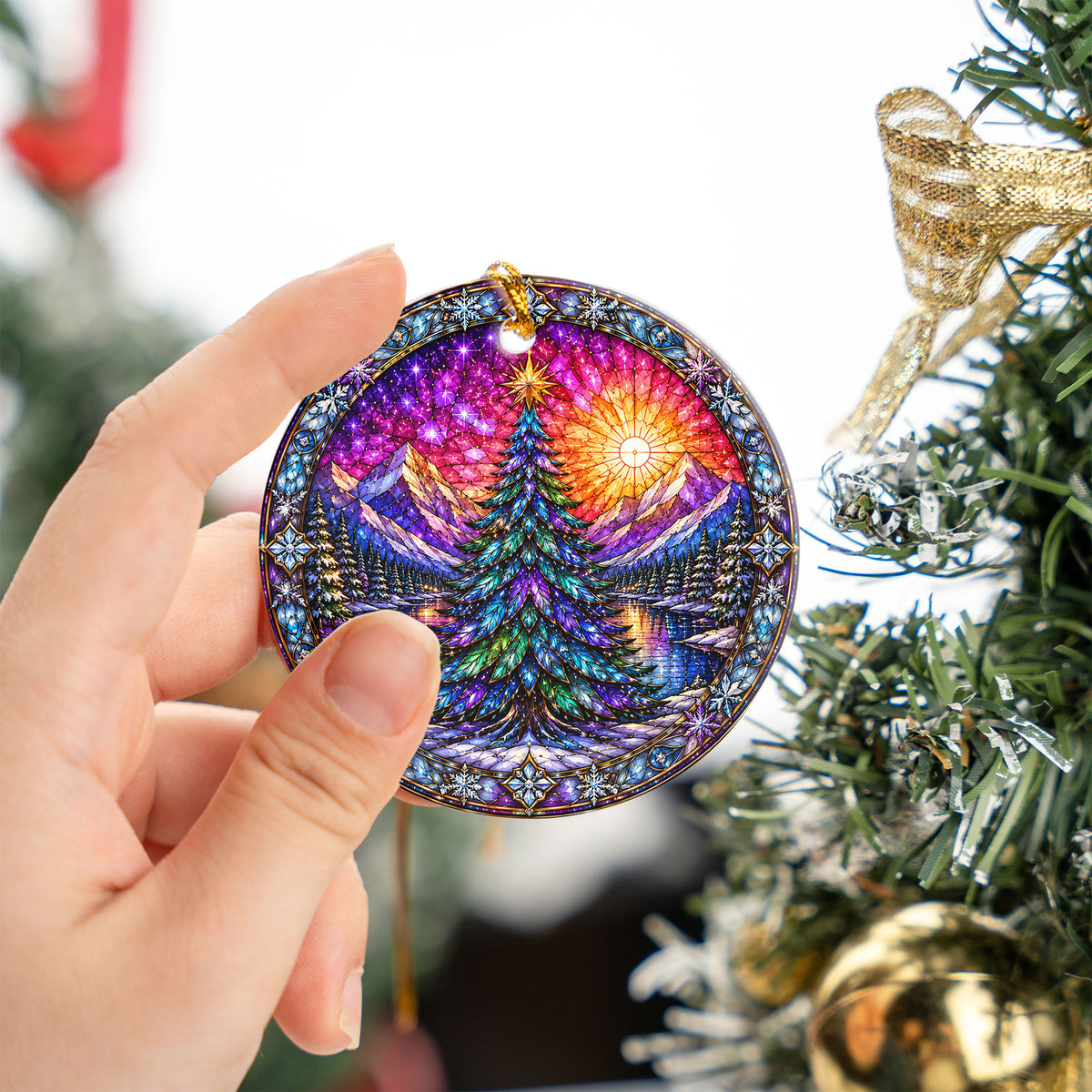Stained Glass Style Christmas Ornament 2026, Colorful Evergreen Tree with Mountain Lake, Holiday Tree Decoration