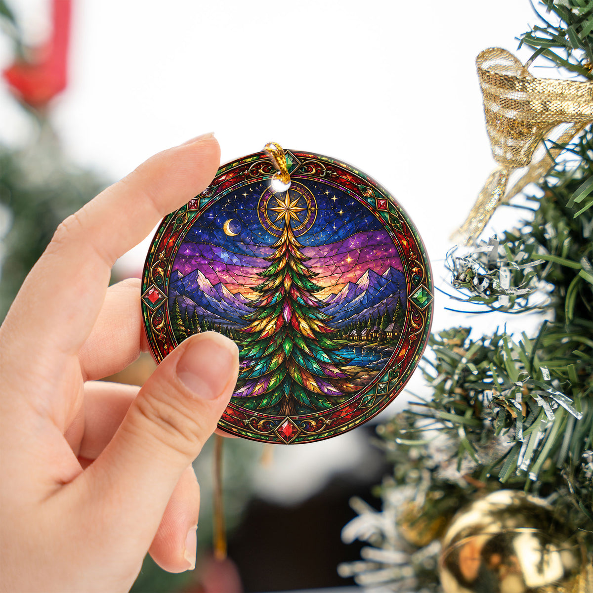 Christmas Tree Holiday Ornament 2026, Colorful Stained Glass Inspired Winter Scene, Festive Christmas Decoration