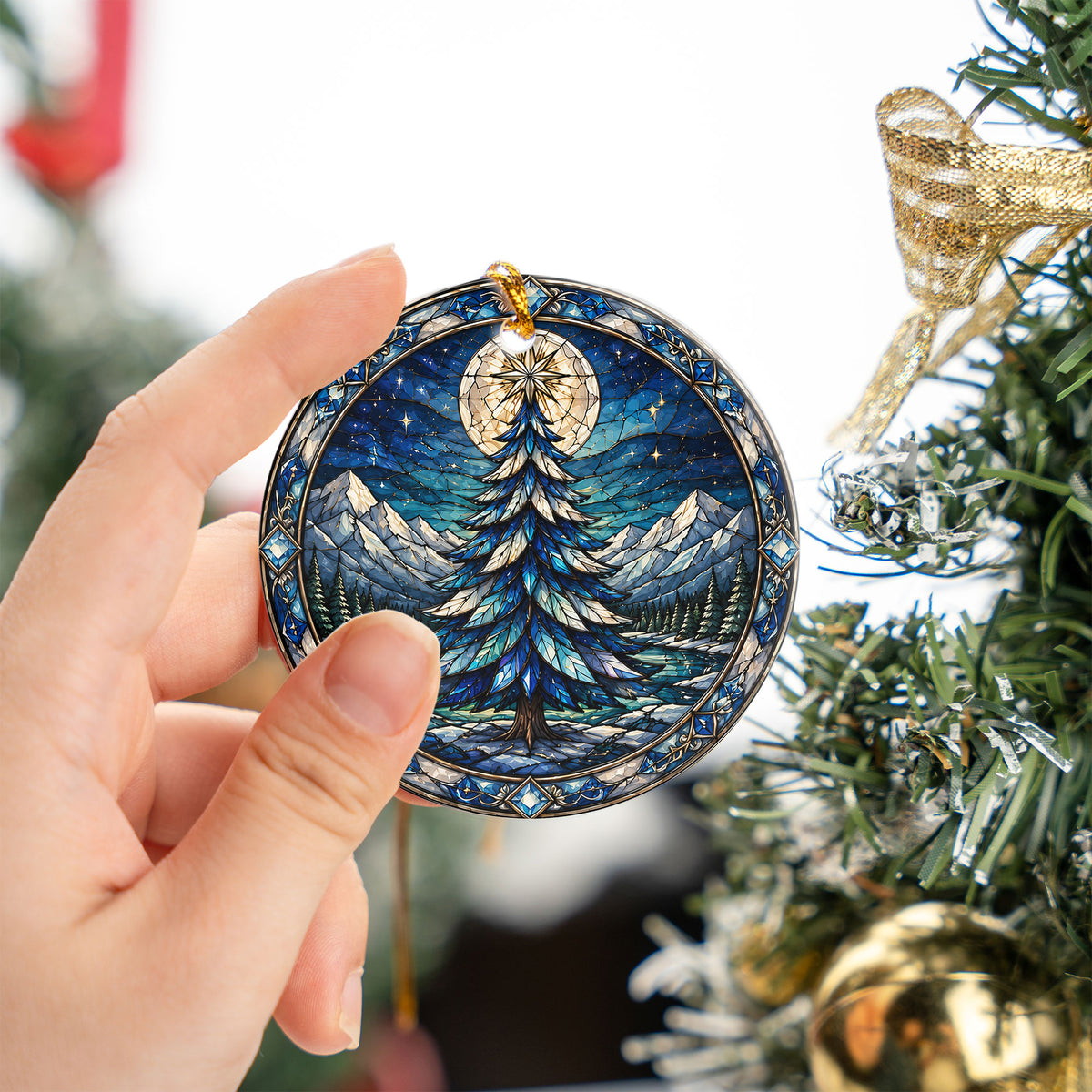 Winter Christmas Tree Ornament 2026, Colorful Mountain Landscape Holiday Decor, Stained Glass Inspired Christmas Gift