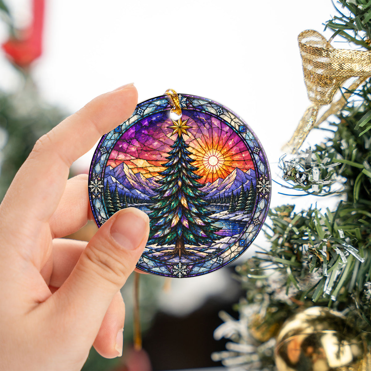 Christmas Ornament 2026 with Colorful Christmas Tree, Winter Lake Landscape Decoration, Holiday Tree Keepsake