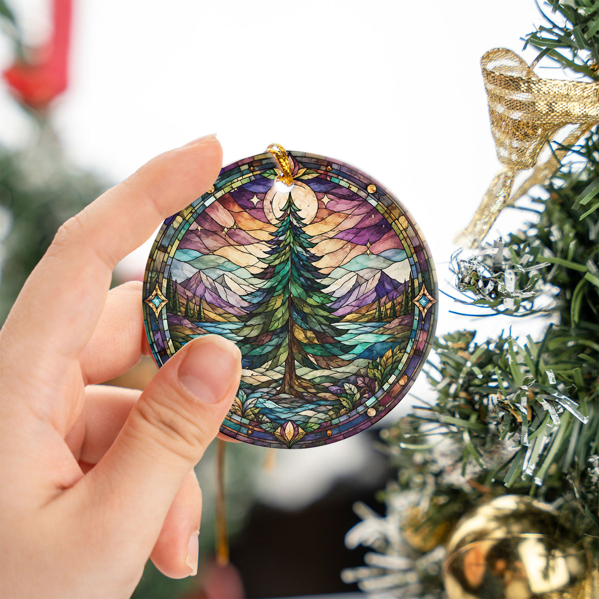 Vintage Christmas Tree Ornament 2026, Holiday Winter Landscape Decor, Stained Glass Inspired Christmas Keepsake