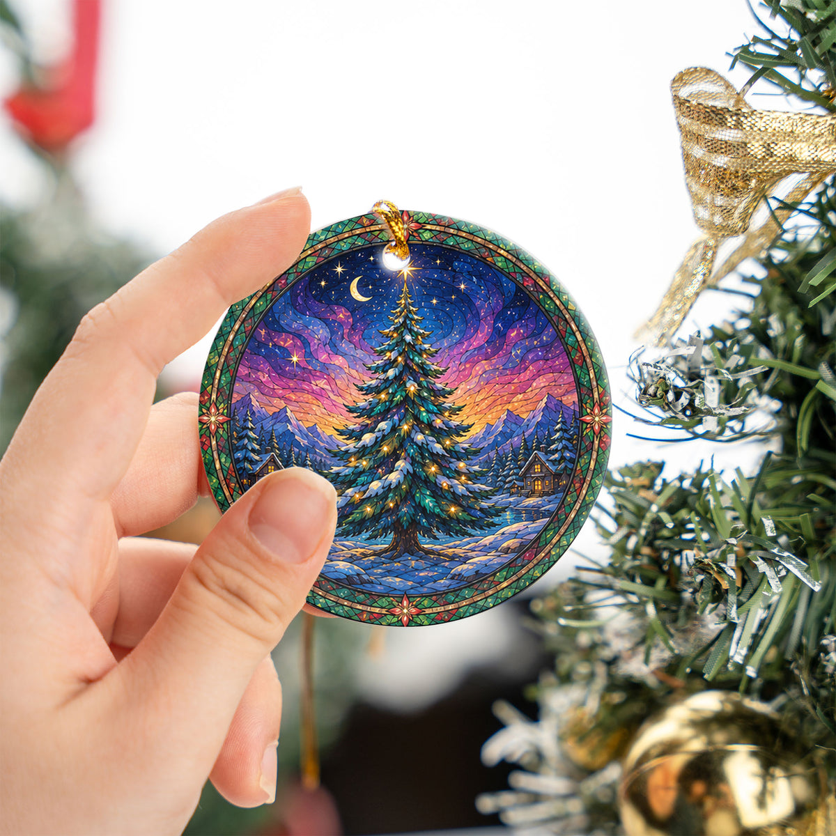 Stained Glass Inspired Christmas Tree Ornament 2026, Colorful Holiday Winter Landscape Decoration