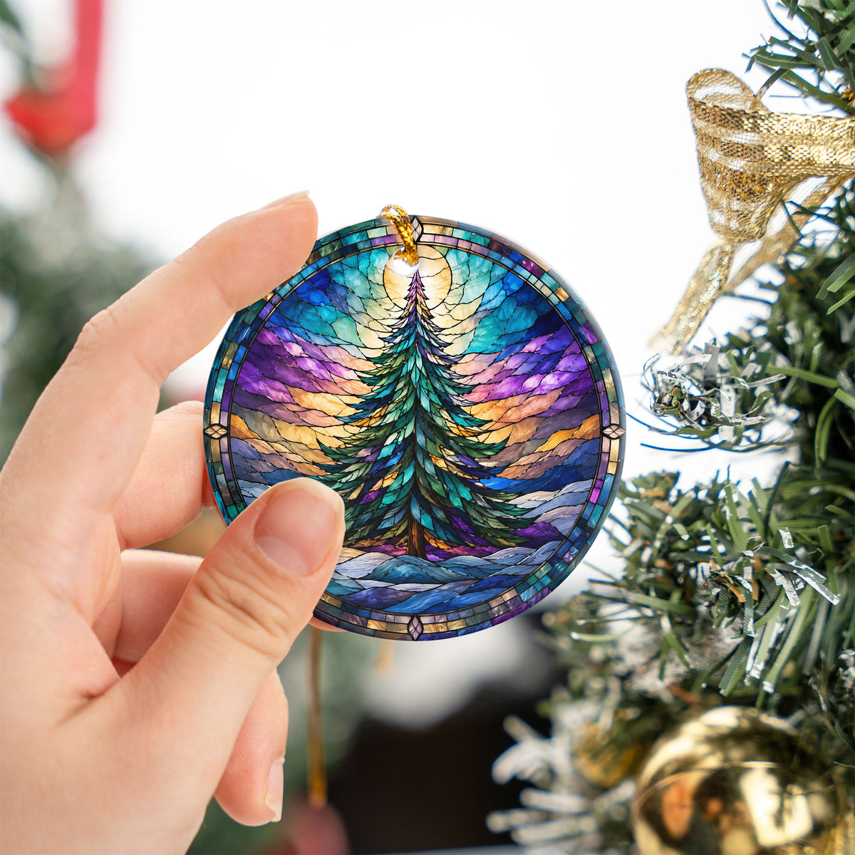 Christmas Tree Keepsake Ornament 2026, Colorful Rainbow Evergreen Winter Scene, Holiday Decoration