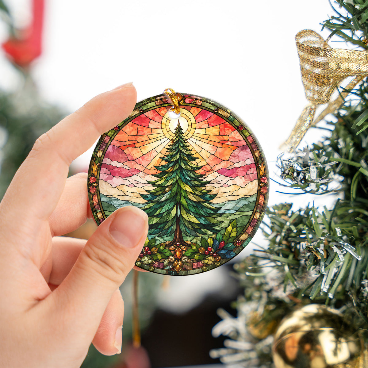 Winter Christmas Tree Ornament 2026, Vintage Chrismas Tree Holiday Decoration, Stained Glass Inspired Christmas Tree Keepsake Gift