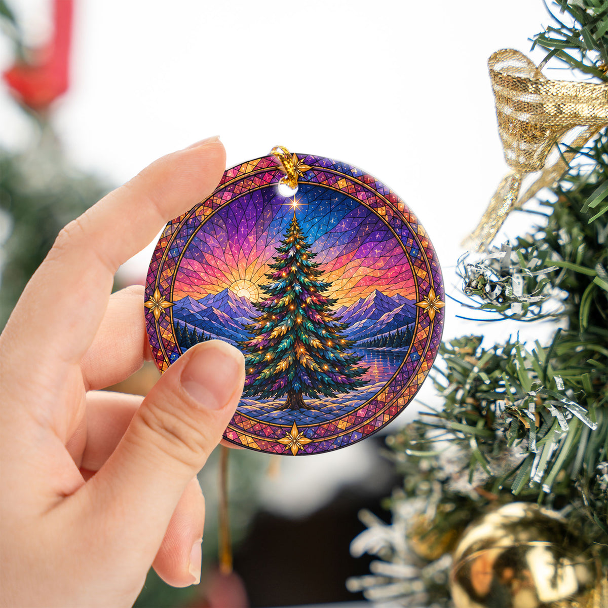 Colorful Christmas Ornament 2026, Rainbow Evergreen Tree with Winter Mountain Scene, Holiday Tree Decor