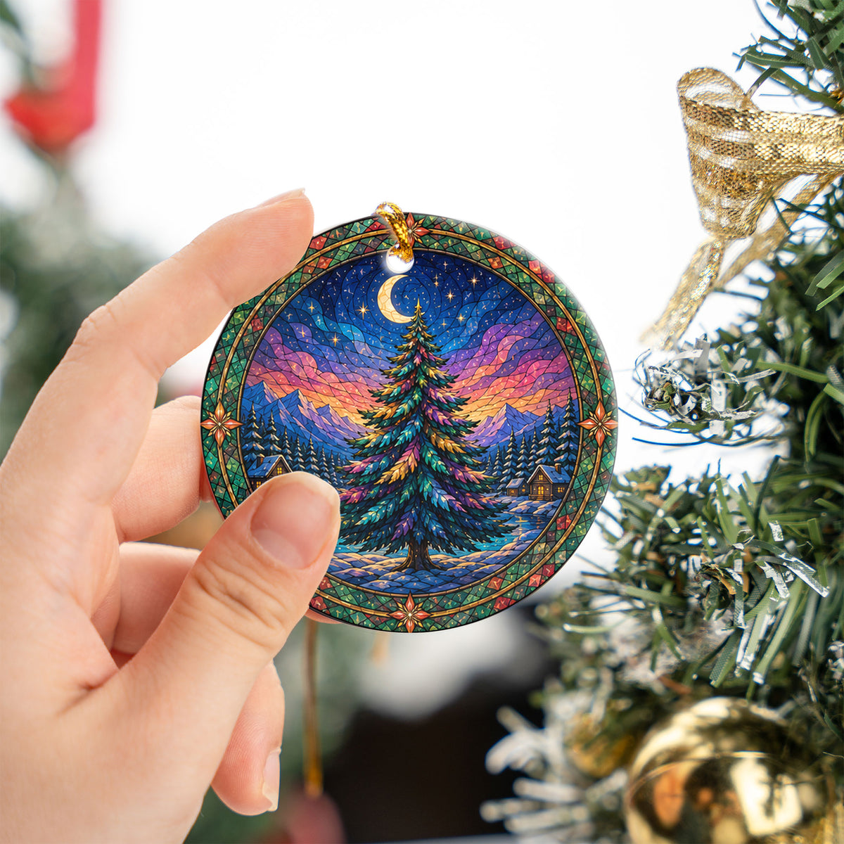 Winter Christmas Tree Ornament 2026, Aurora Sky Christmas Decor, Holiday Ornament, Snowy Mountain Landscape