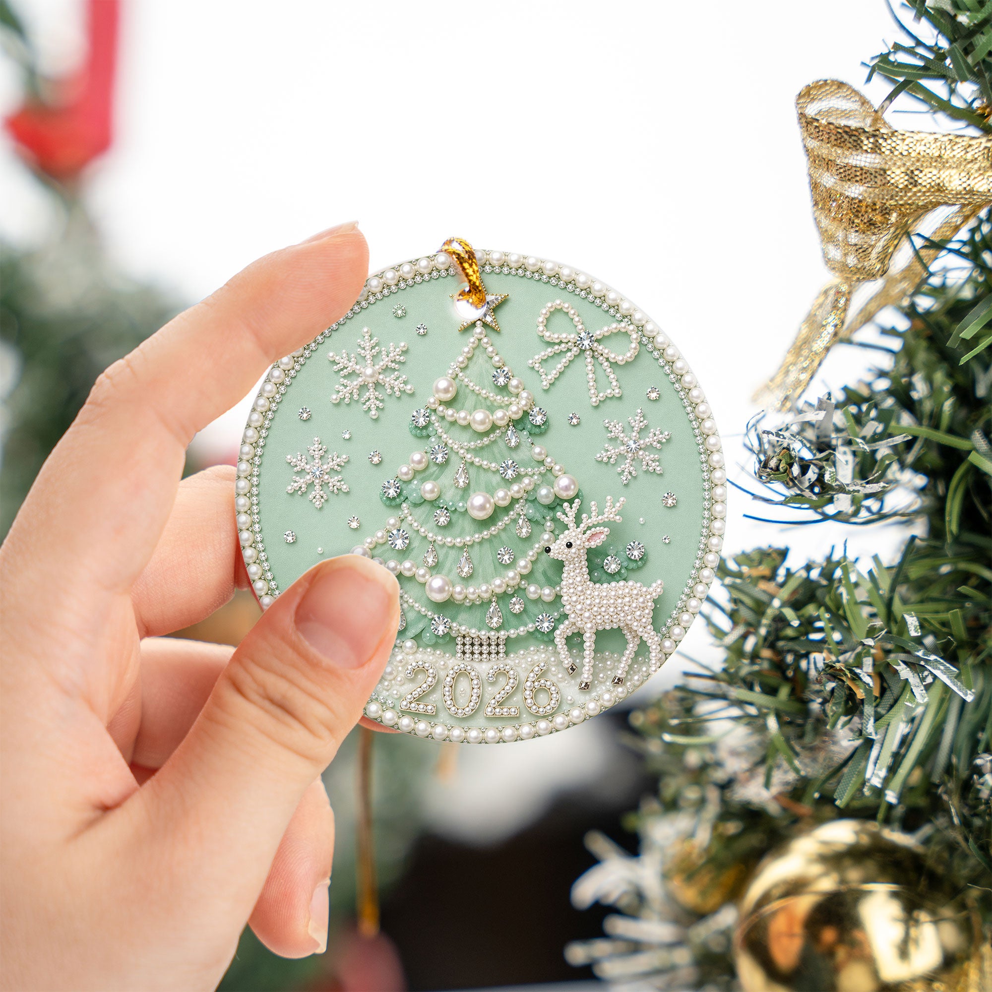 Pearl 2D Design Christmas Tree Ornament 2026, Elegant Deer and Snowflake Holiday Decoration, Christmas Keepsake Gift for Family and Friends