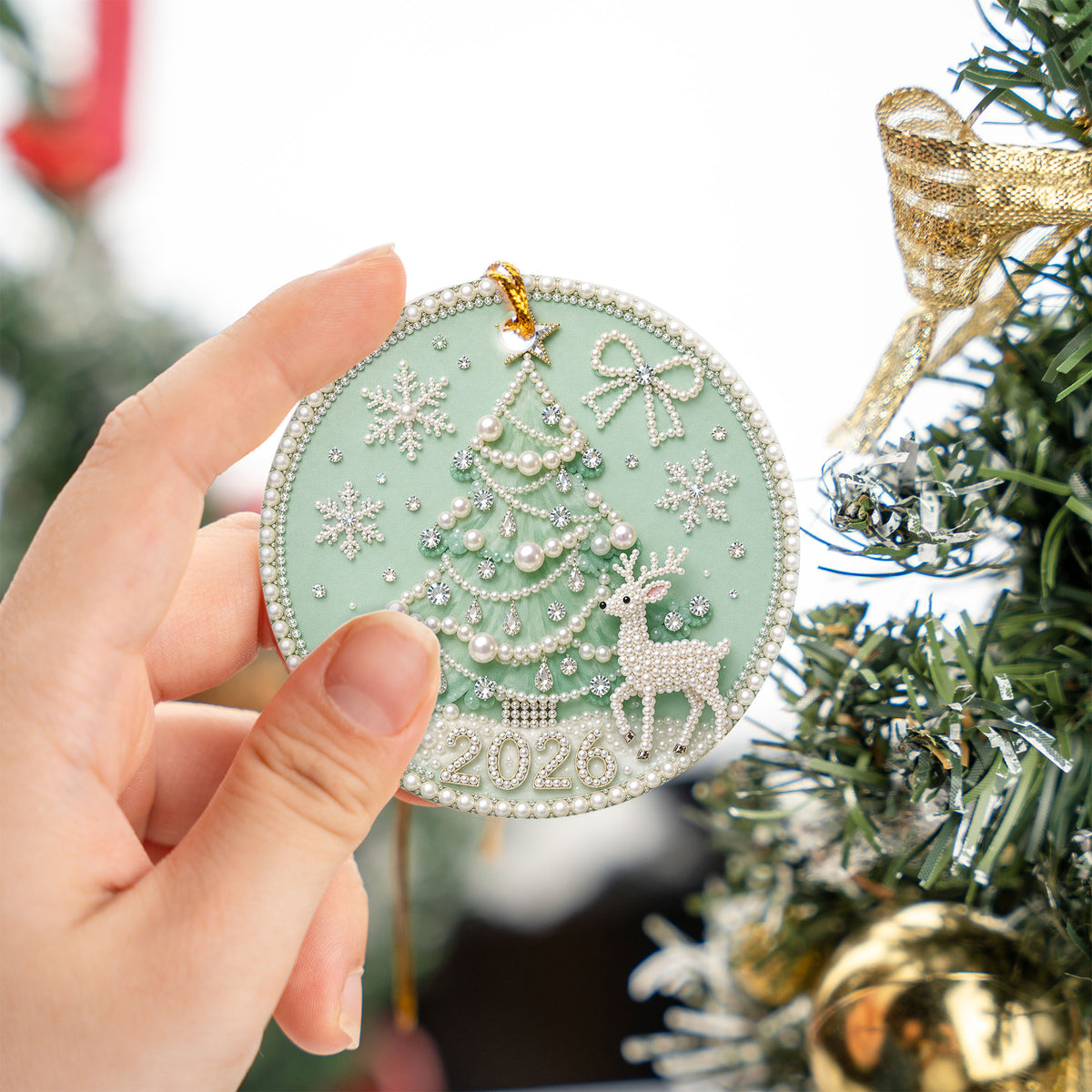 Pearl 2D Design Christmas Tree Ornament 2026, Elegant Deer and Snowflake Holiday Decoration, Christmas Keepsake Gift for Family and Friends