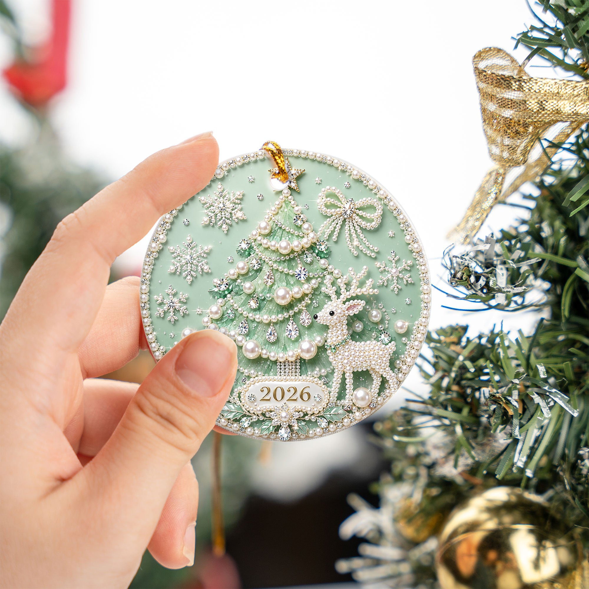 Elegant Christmas Ornament 2026, Pearl Christmas Tree with Deer and Snowflakes, Holiday Tree Decoration, Christmas Keepsake Gift