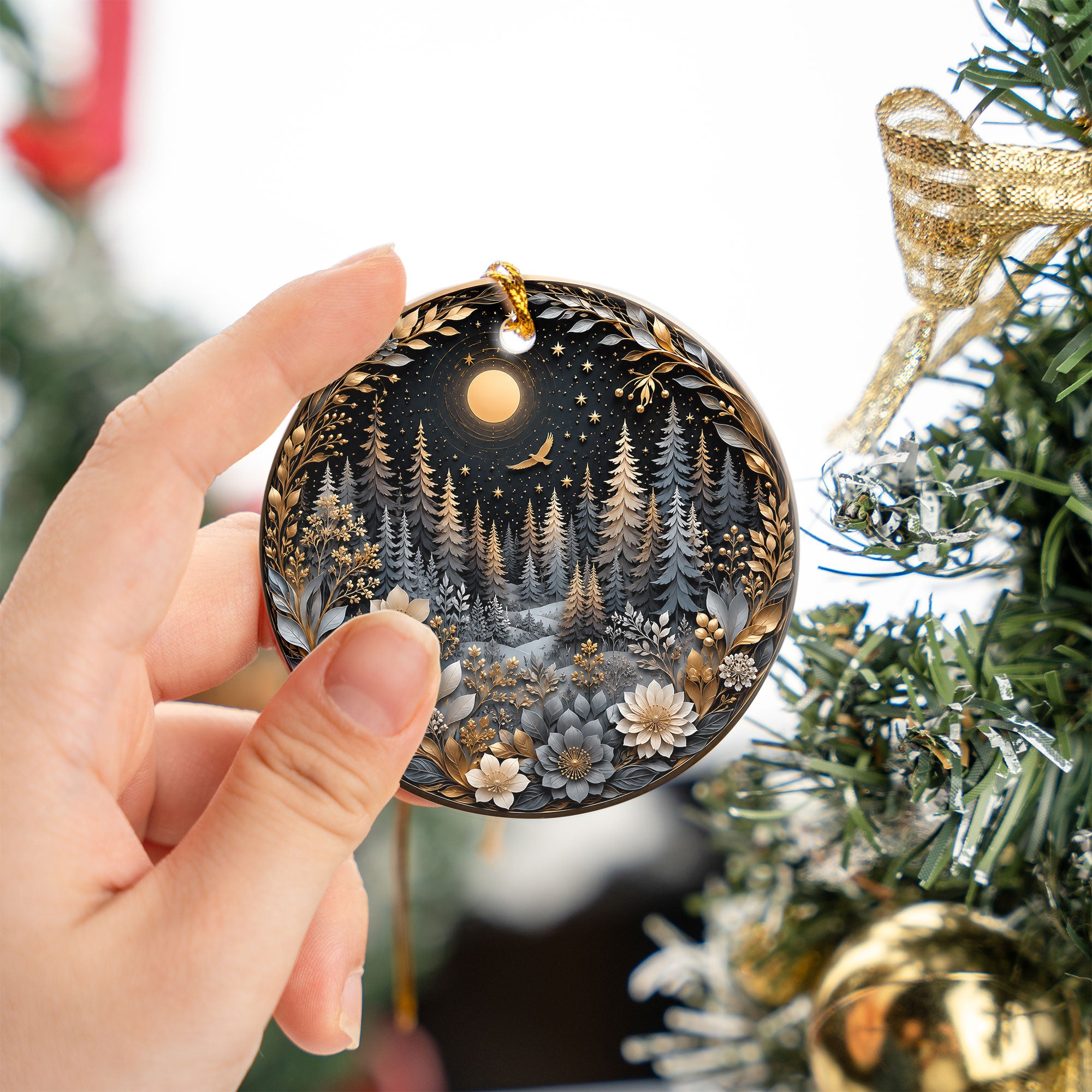 Winter Forest Christmas Ornament 2026, Moon Night Woodland Christmas Tree Decor, Nature Inspired Holiday Ornament