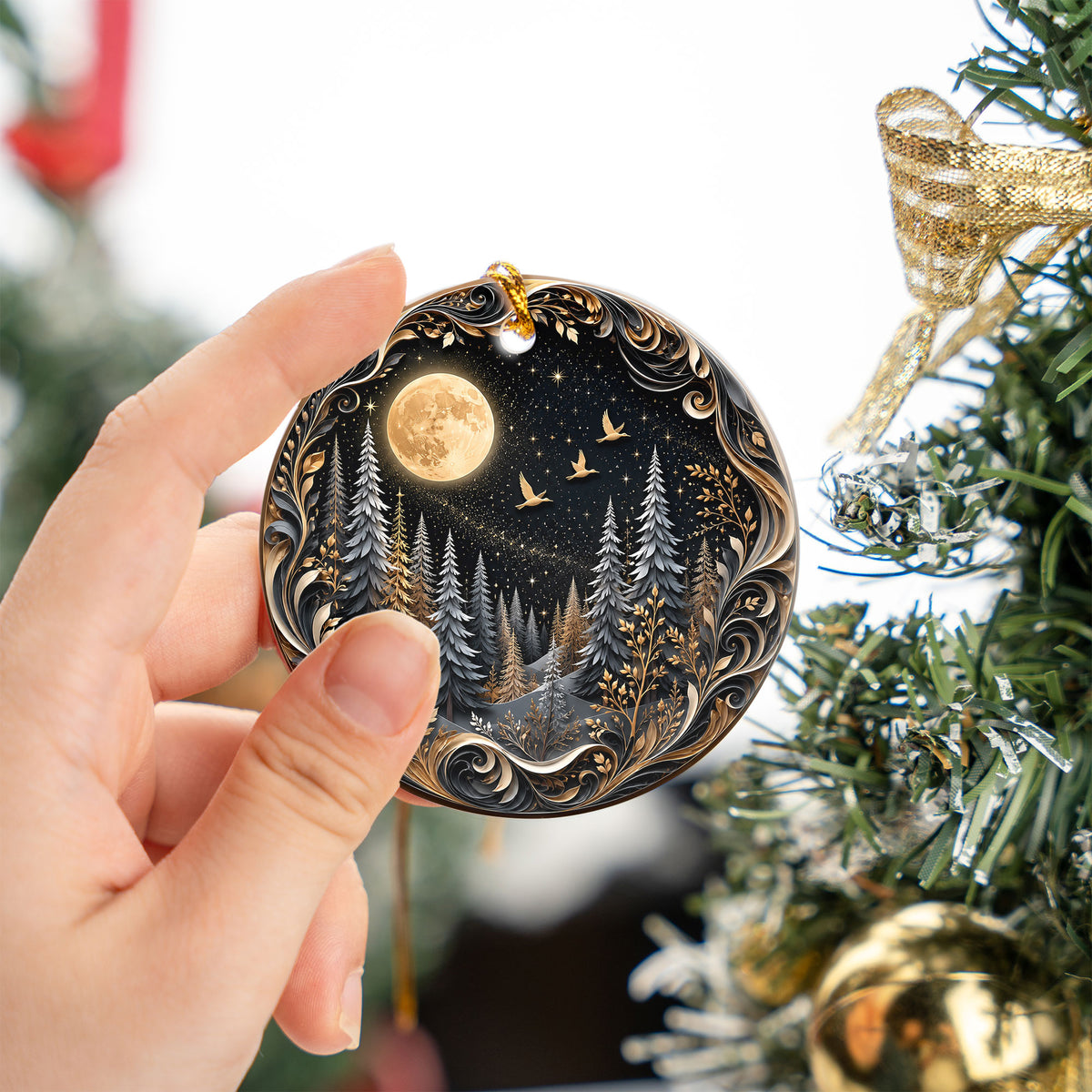 Christmas Forest Ornament 2026, Moonlit Pine Trees Holiday Decoration, Woodland Christmas Keepsake, Winter Nature Gift for Friends and Family