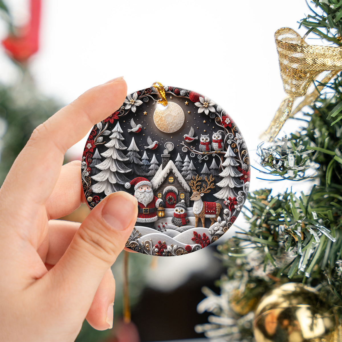 Holiday Christmas Ornament 2026, Santa Owl Deer Robin Forest Cabin Winter Scene, Christmas Tree Decoration, Festive Keepsake Gift