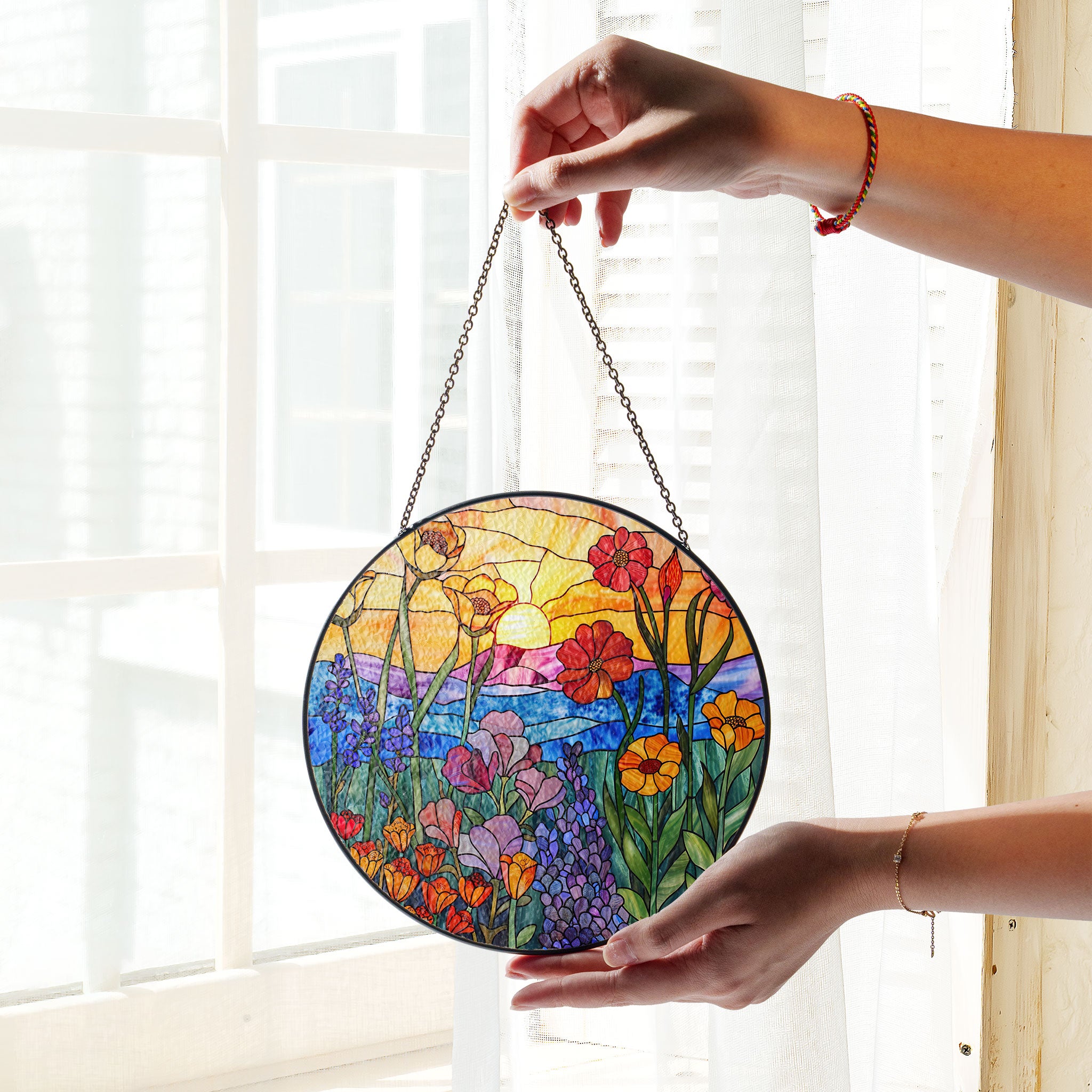 Wildflowers Sun catcher, Sunset Stained Glass Window Hangings, Wall Decor, Housewarming Gift