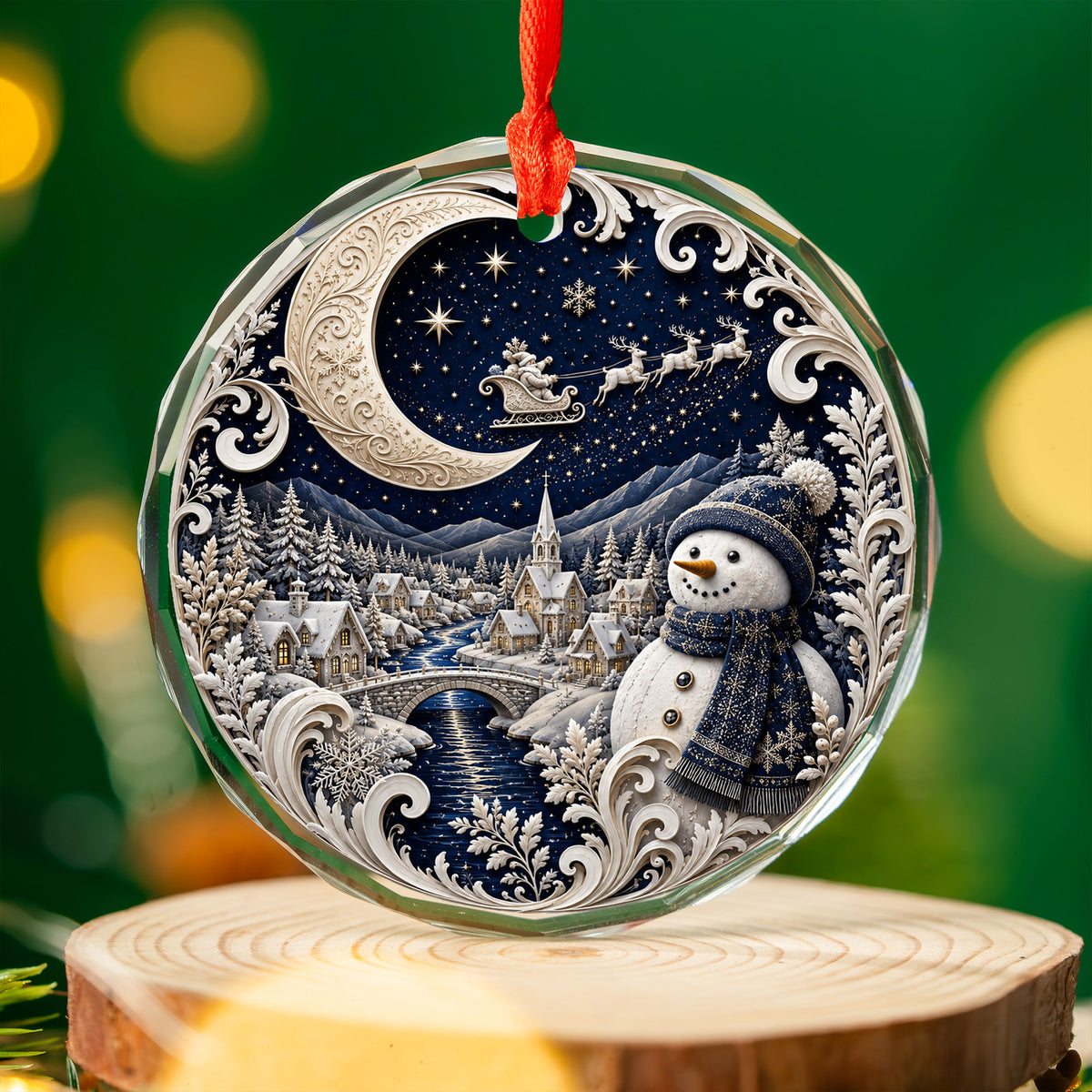 Christmas Ornament 2026 Blue Winter Village with Snowman, Ceramic Tree Ornament, Holiday Decoration