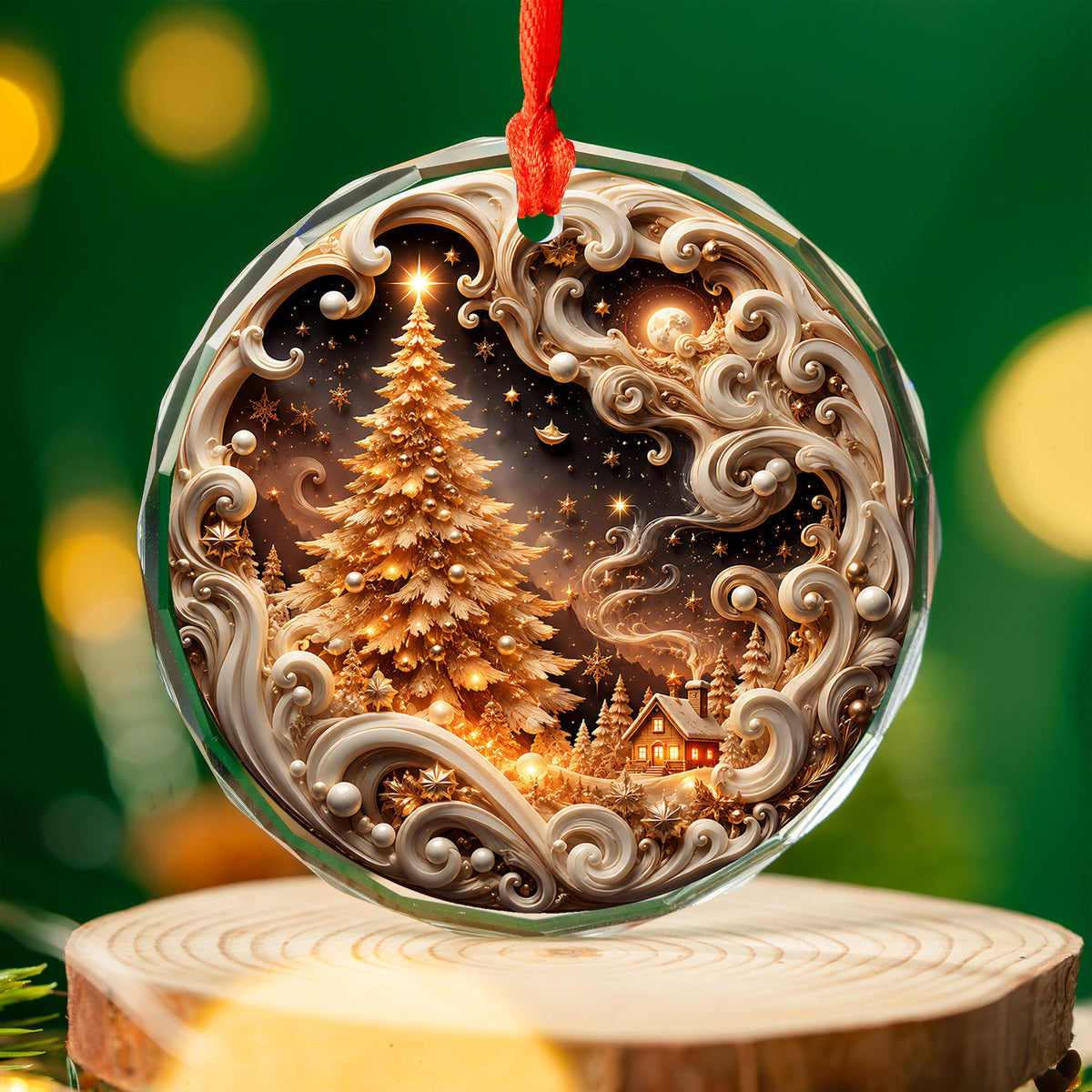 Elegant Christmas Tree Ornament 2026, Golden Winter Landscape Ornament, Holiday Keepsake Decoration