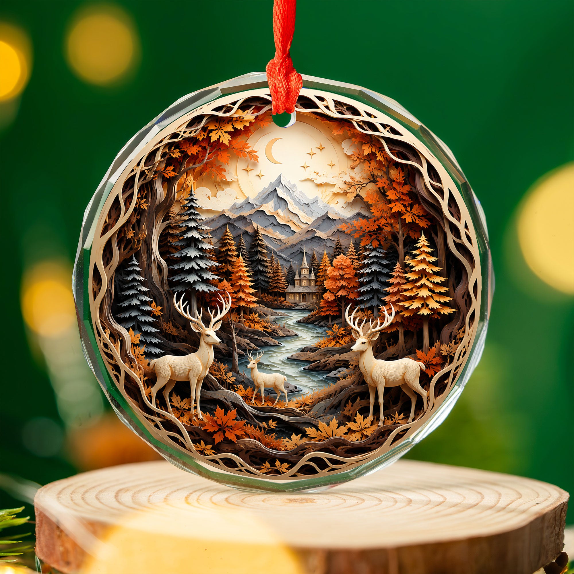 Christmas Deer Ornament 2026, Woodland Forest Christmas Tree Decor, Rustic Holiday Ornament, Winter Cabin Scene