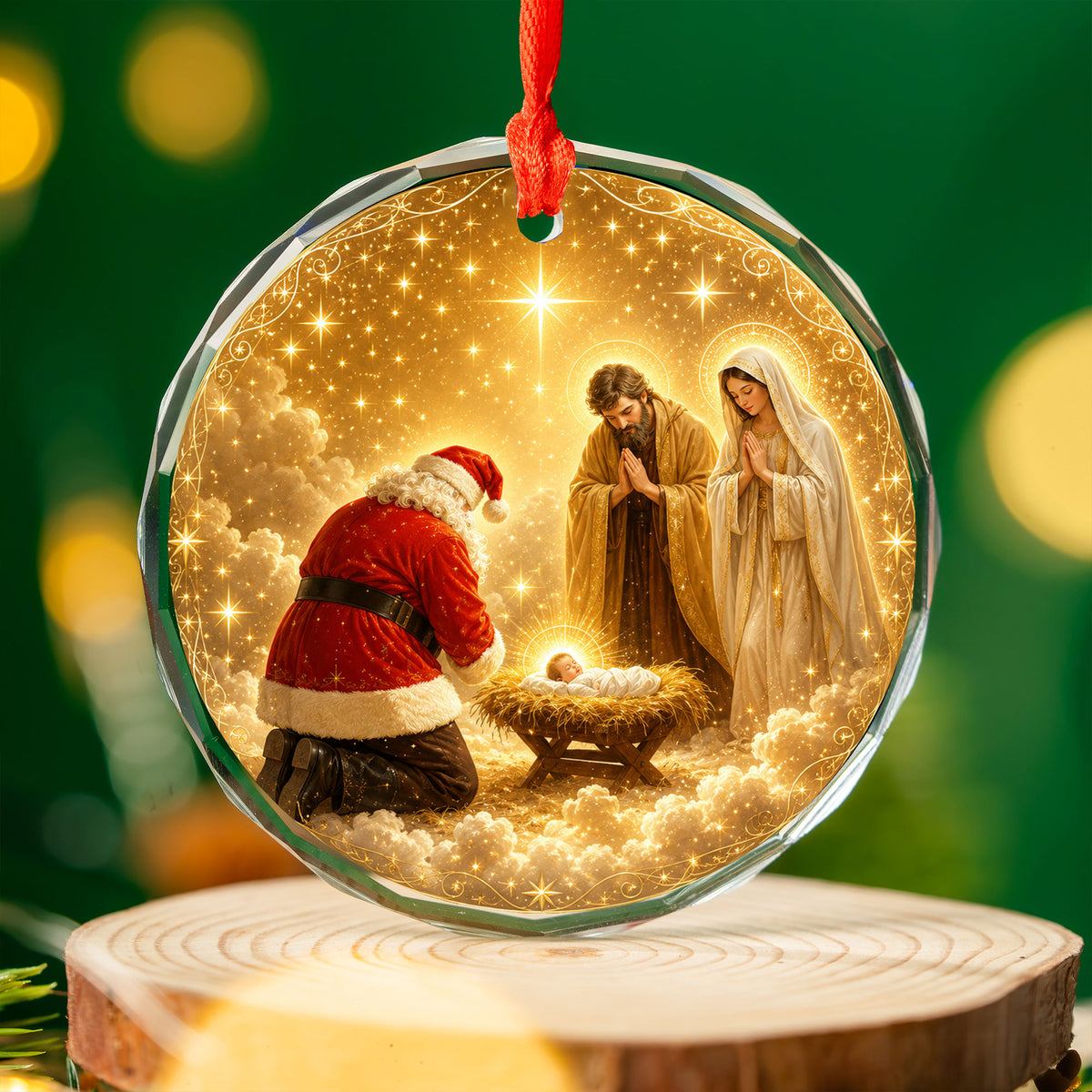Religious Christmas Ornament 2026 with Santa and Nativity Scene, Baby Jesus Holy Family Christmas Tree Decoration