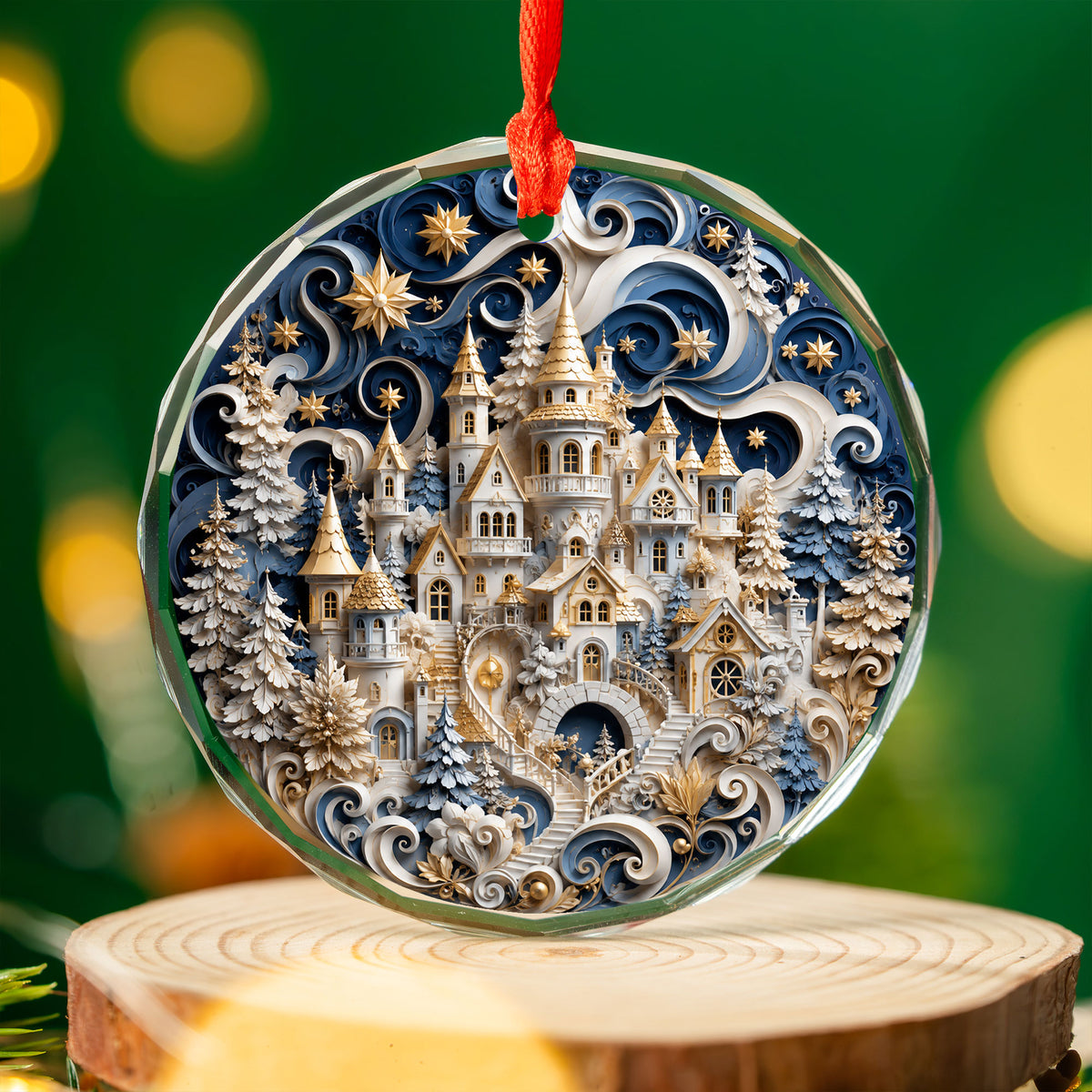 Blue Winter Christmas Ornament 2026, Snowy Castle Tree Ornament, Christmas Village Holiday Decoration
