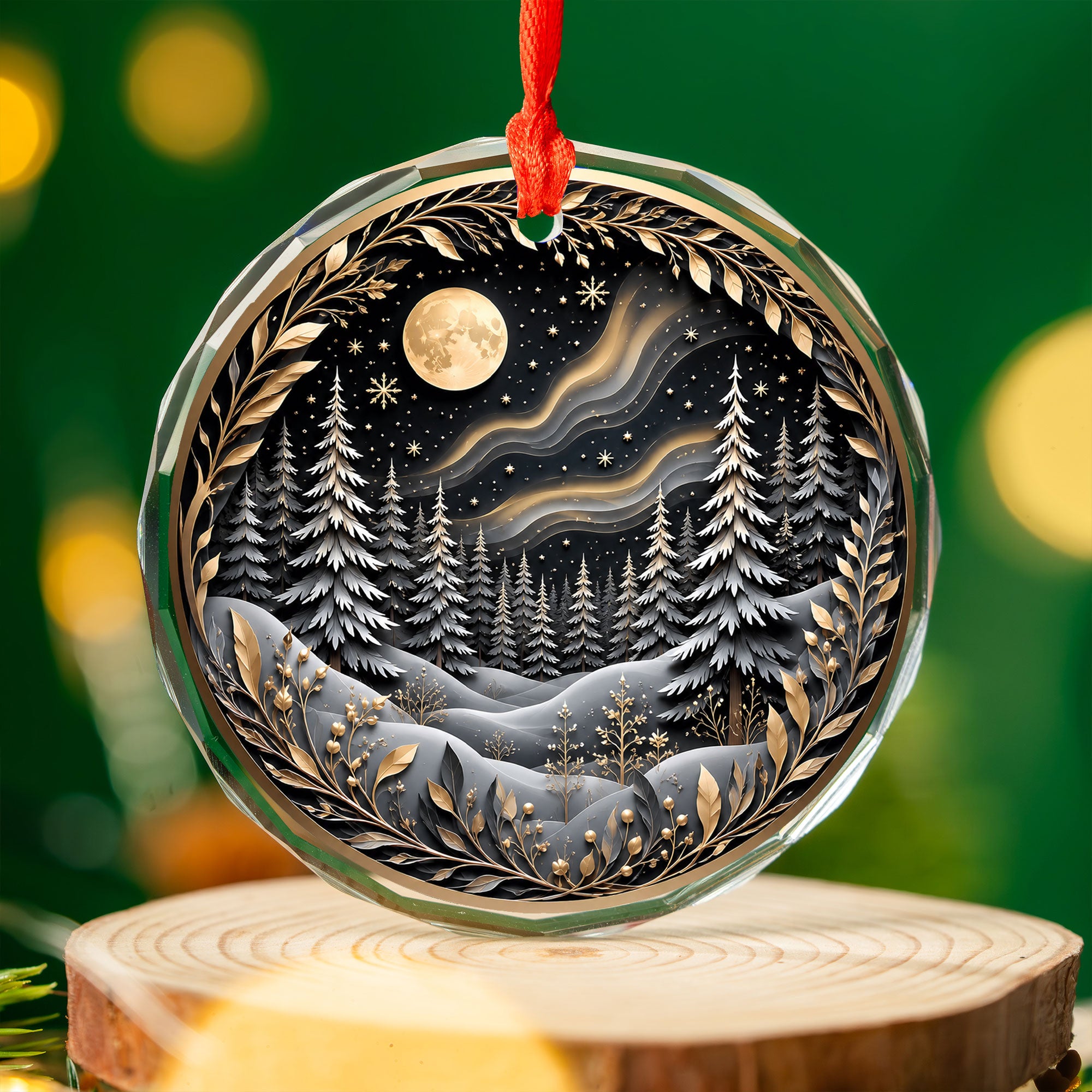 Christmas Tree Ornament 2026, Winter Forest Scence Ornament, Gold Black Christmas Decor, Holiday Keepsake Gift for Family and Friends