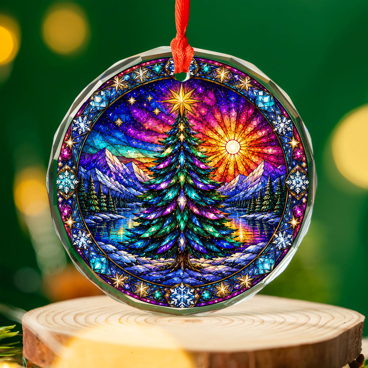 Colorful Stained Glass Christmas Tree Ornament 2026, Winter Mountain Lake Suncatcher Style, Holiday Decor