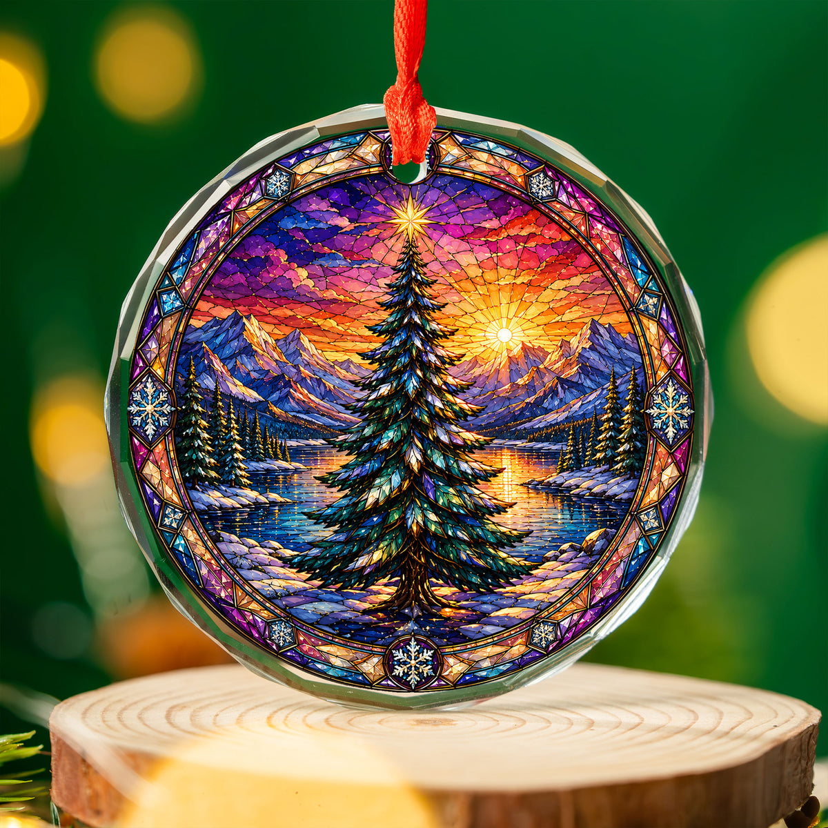 Colorful Christmas Tree Ornament 2026, Stained Glass Style Holiday Ornament, Winter Landscape Decor