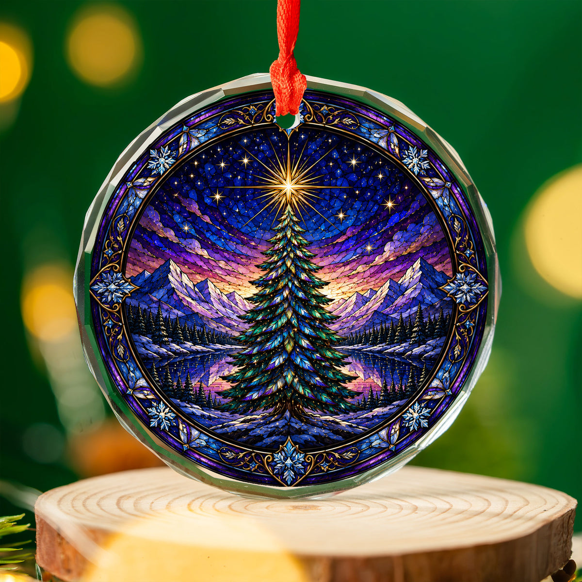 Christmas Tree Suncatcher Style Ornament 2026, Colorful Winter Mountain Scene Decoration
