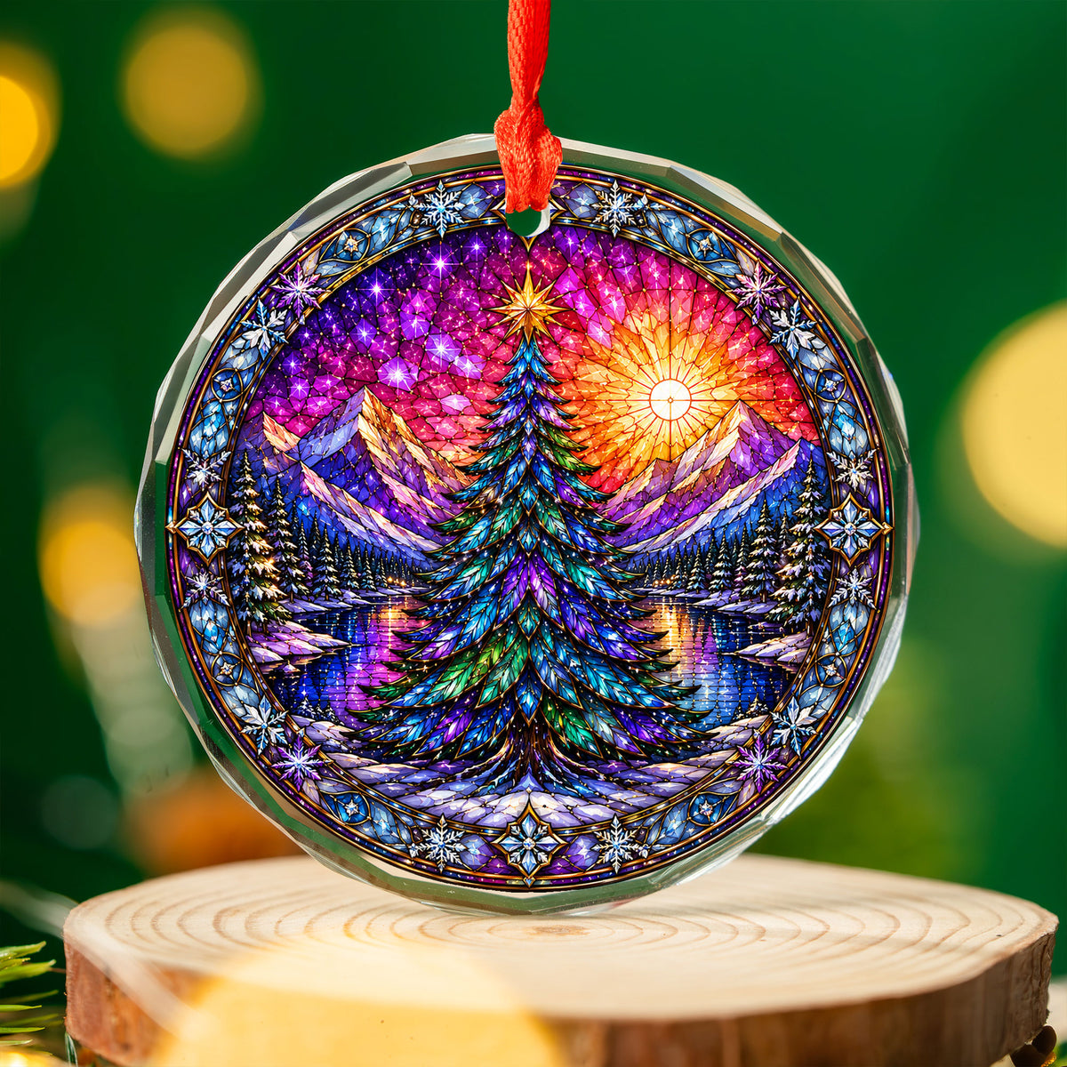 Stained Glass Style Christmas Ornament 2026, Colorful Evergreen Tree with Mountain Lake, Holiday Tree Decoration