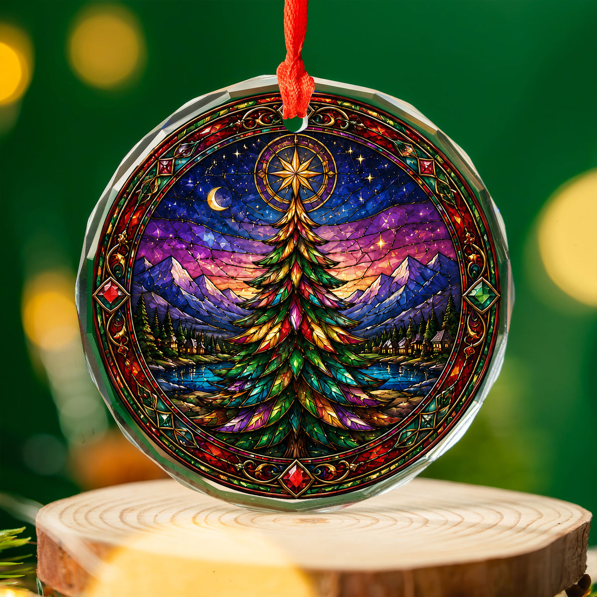Christmas Tree Holiday Ornament 2026, Colorful Stained Glass Inspired Winter Scene, Festive Christmas Decoration