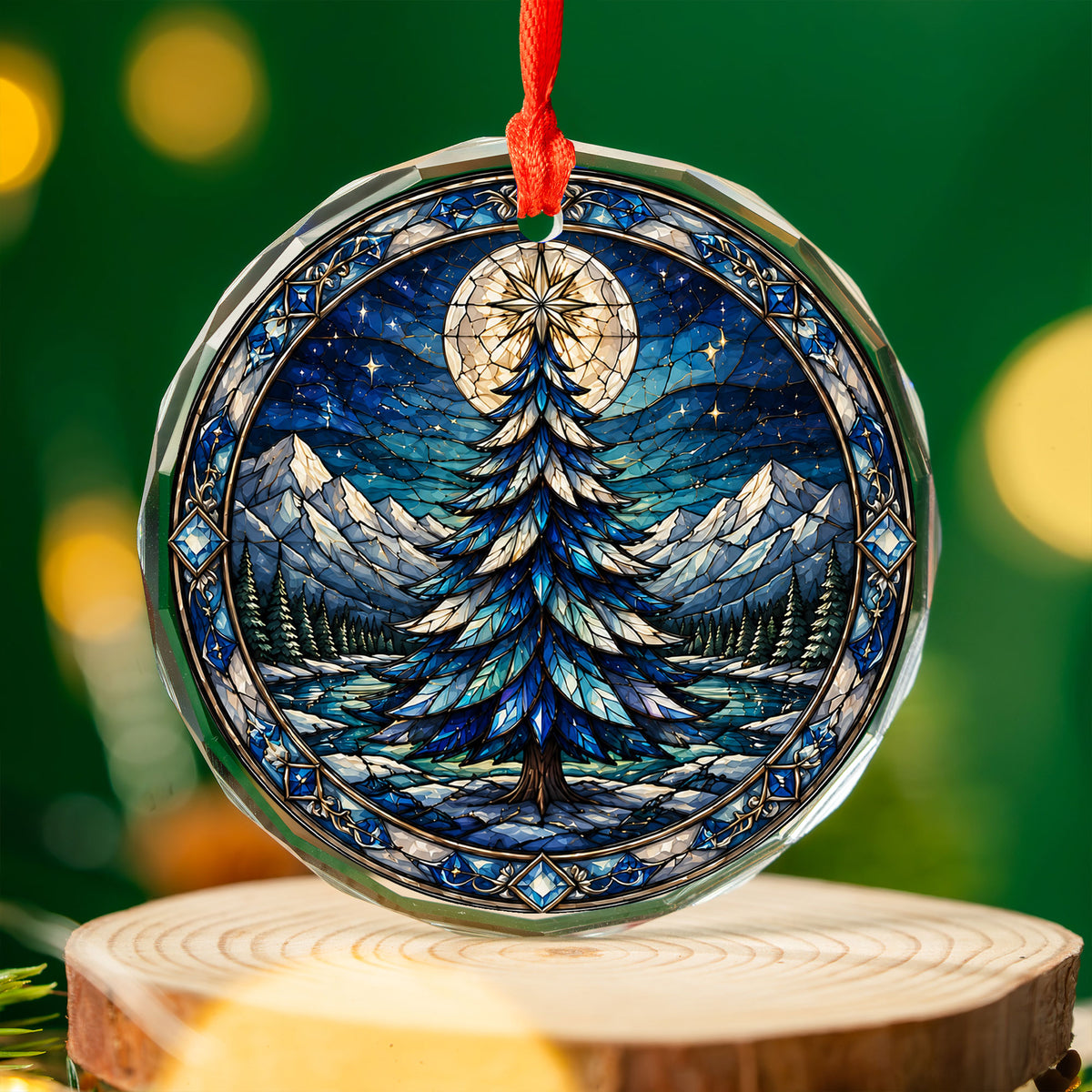 Winter Christmas Tree Ornament 2026, Colorful Mountain Landscape Holiday Decor, Stained Glass Inspired Christmas Gift
